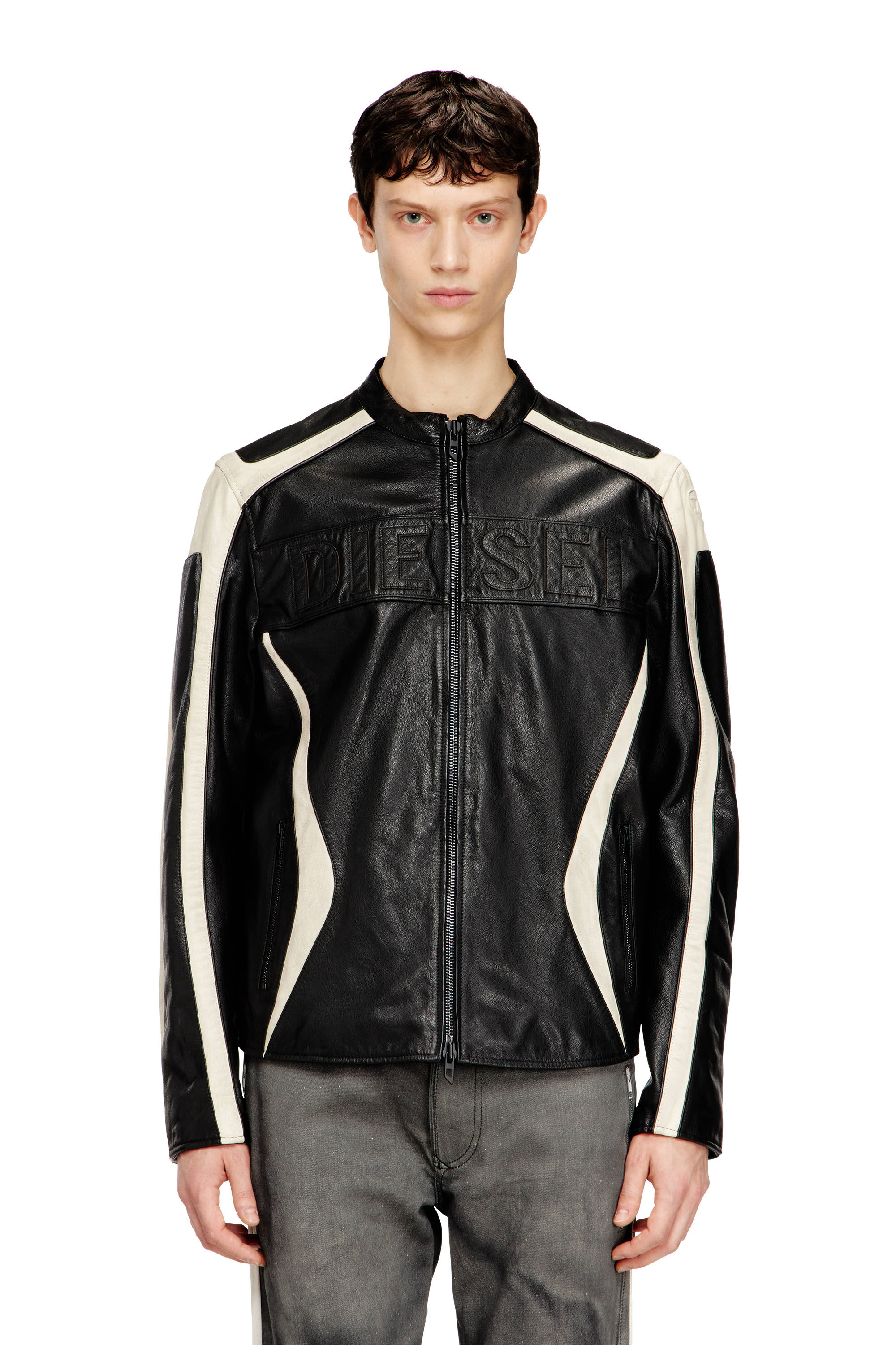 Men's Colour-block leather biker jacket | Multicolor | Diesel
