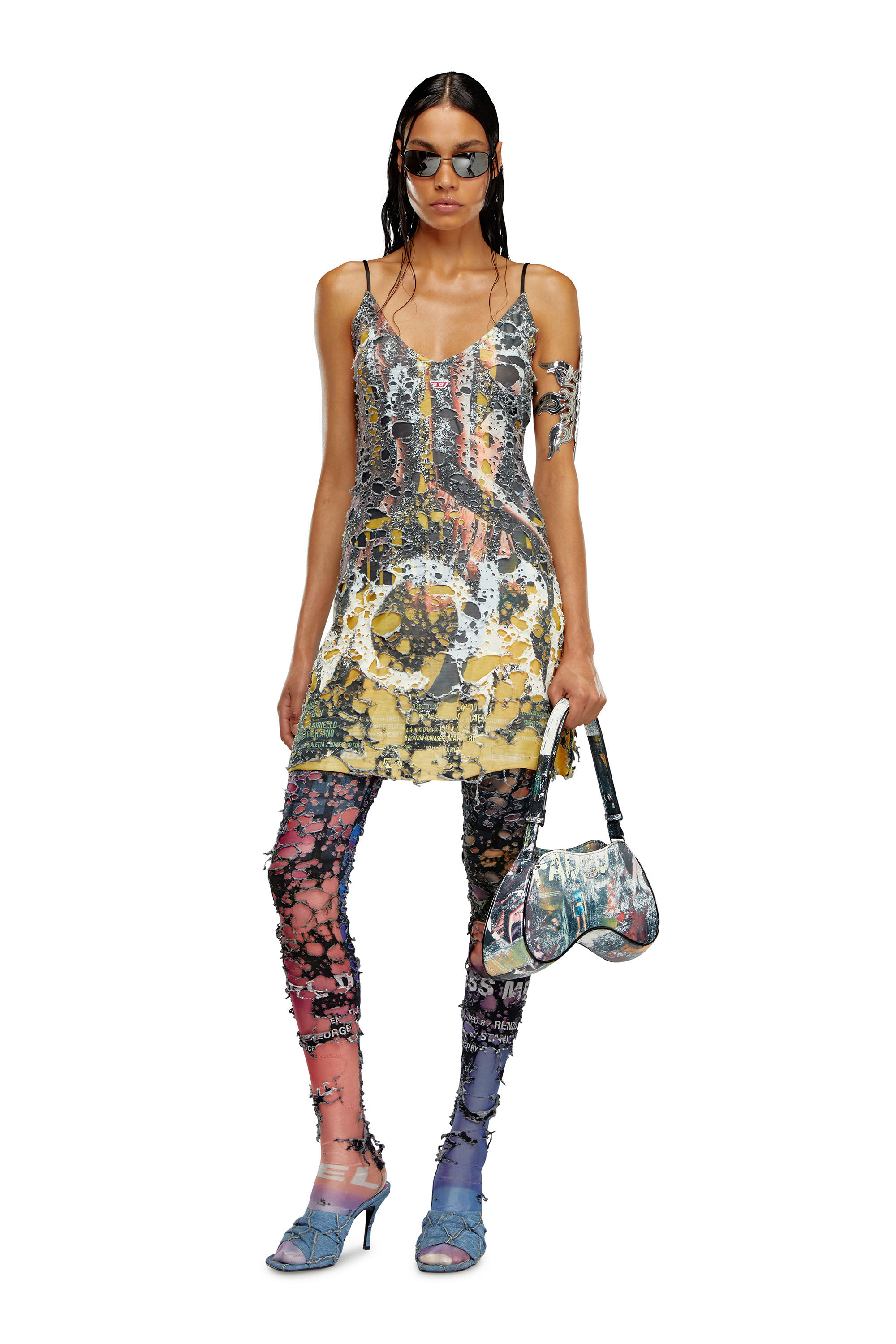Diesel - P-KOLL-DEV, Female's Destroyed tights with cinema prints in Orange/Pink - 1