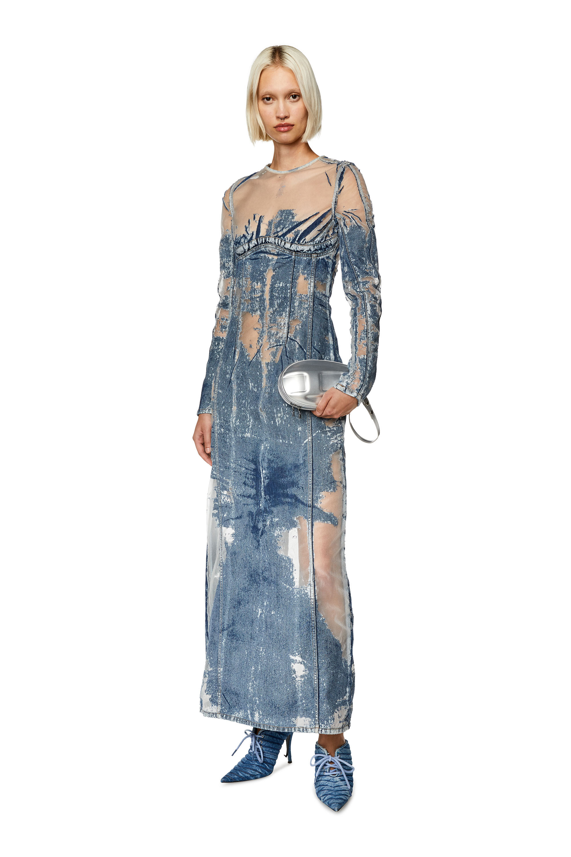 Diesel - DE-NICOLO-FSD, Robe longue en denim avec effet dévoré Femme in Bleu - 1
