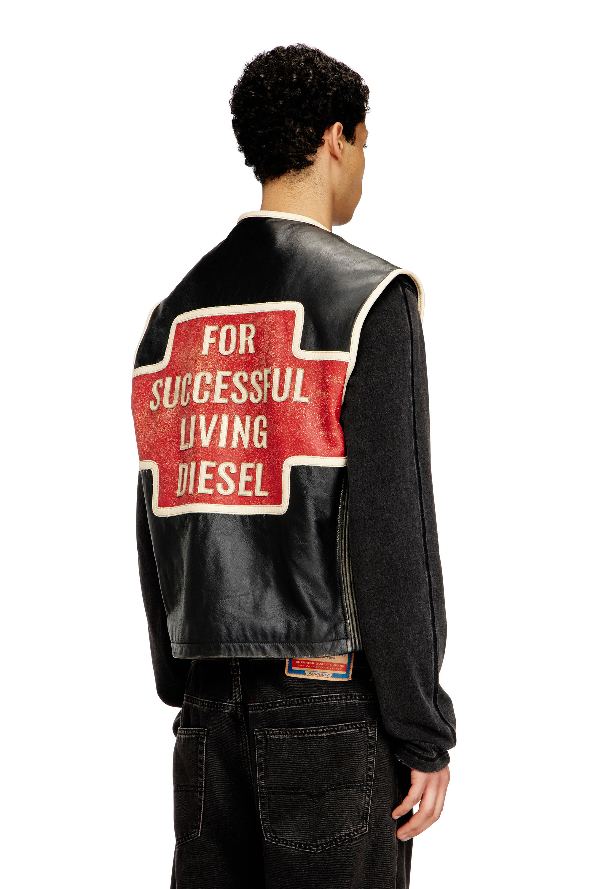 Men's Leather vest with embroidered patches | Black | Diesel