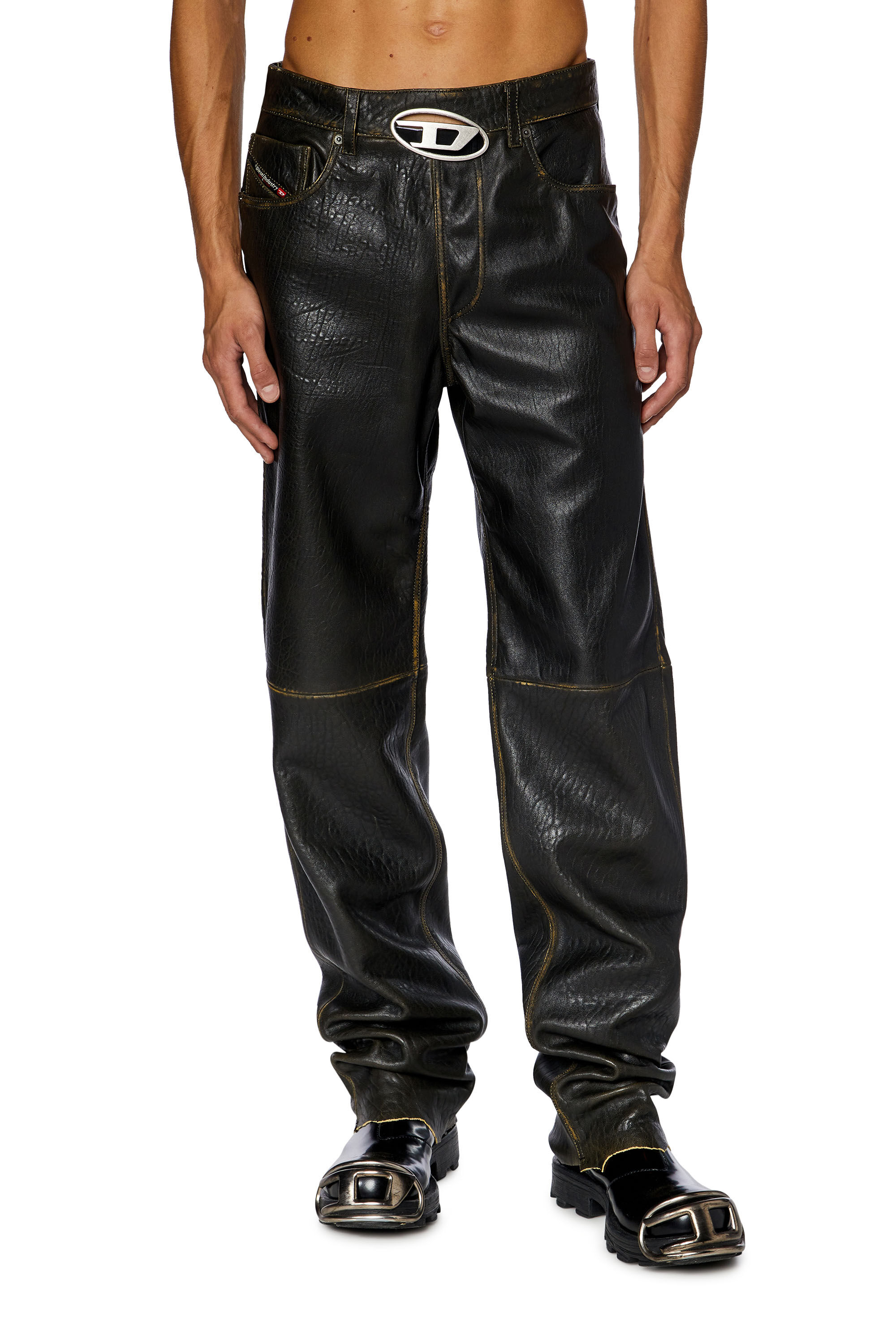 Diesel - P-KOOMAN, Male's Textured leather pants with logo cut-out in Brown - 3