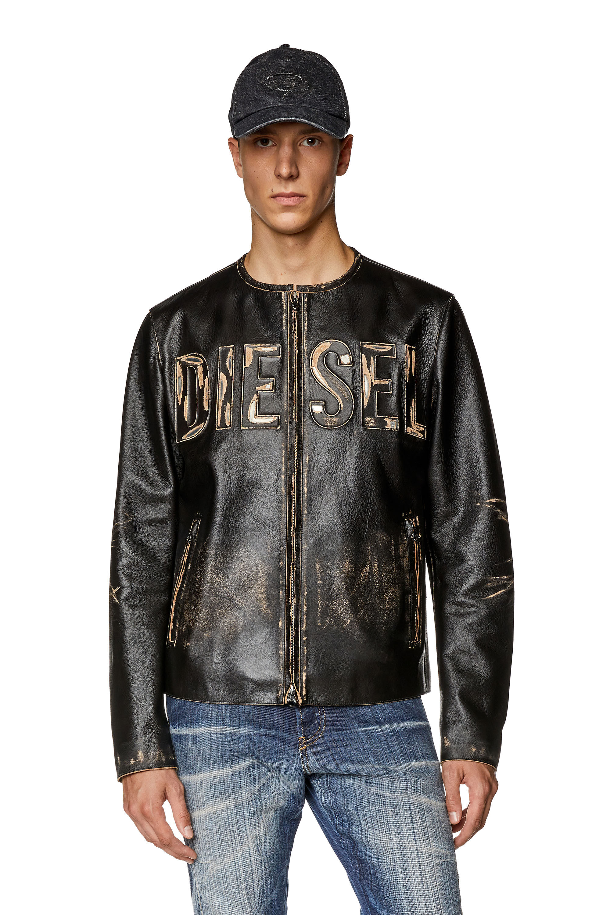 Men's Distressed leather jacket with metal logo | Black | Diesel