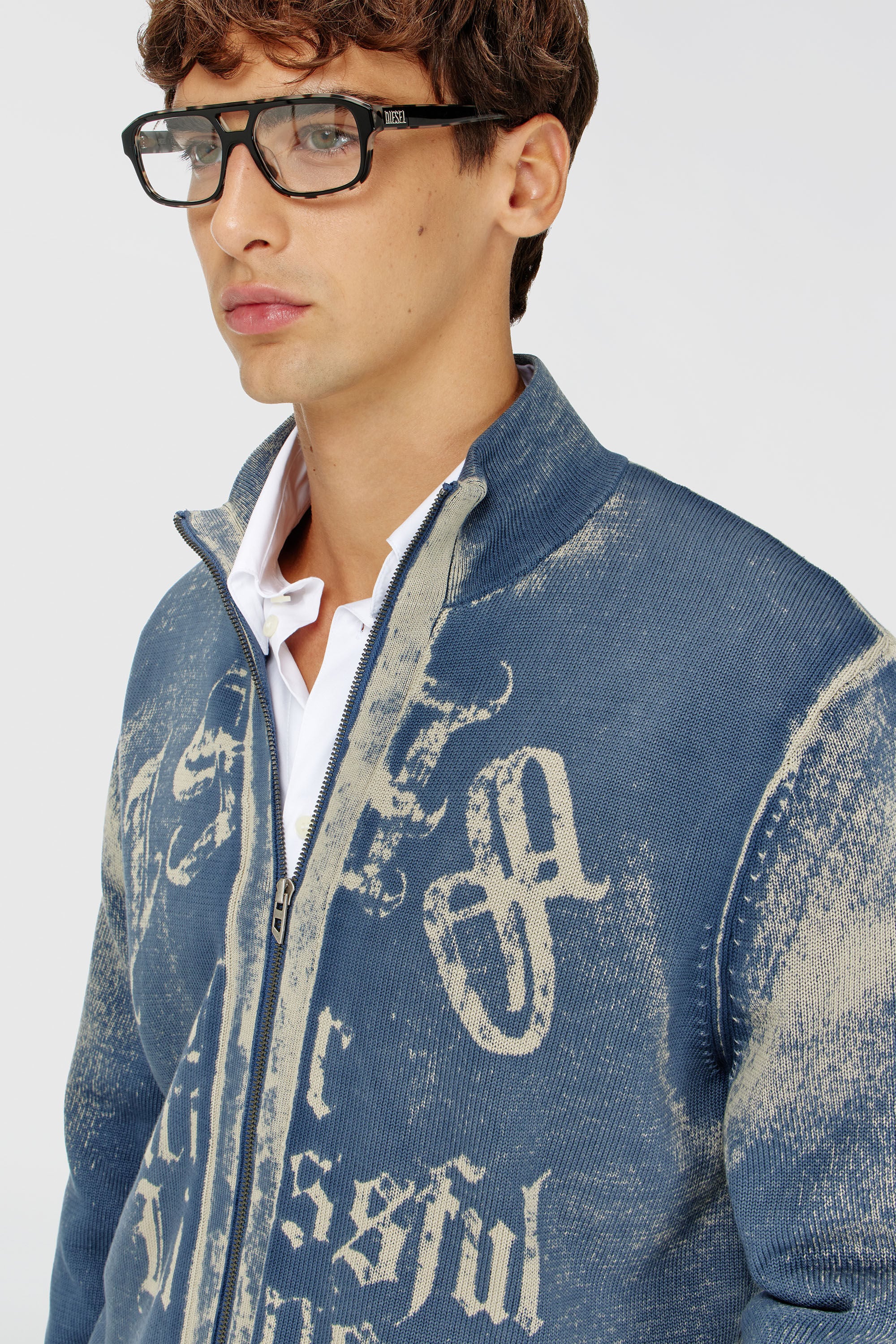 Diesel - K-LAUROS-A, C&aacute;rdigan con cremallera de algod&oacute;n y estampado invertido Hombre in Azul marino - 5