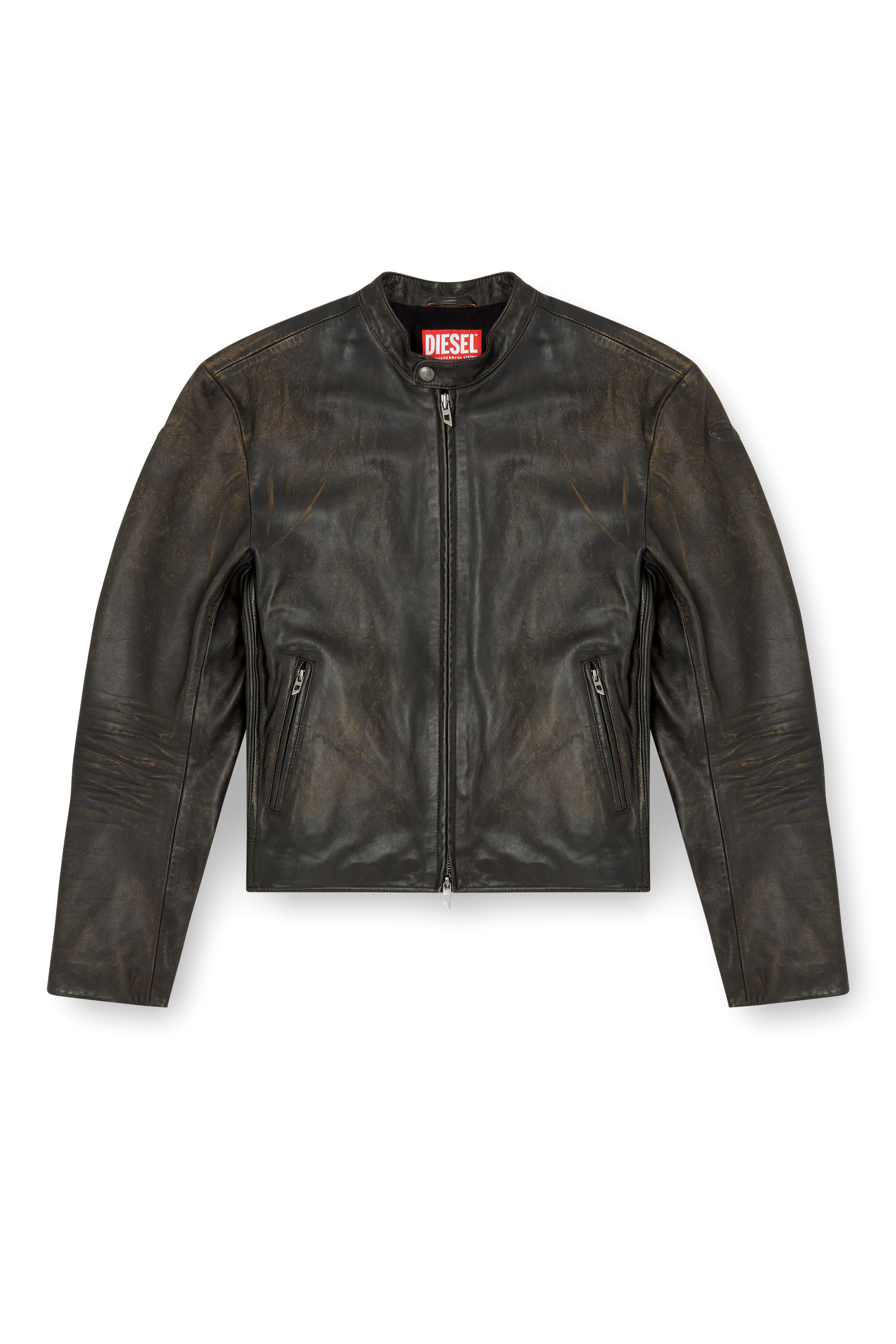 Diesel - L-AROSS, Male's Distressed leather biker jacket in Brown - 2