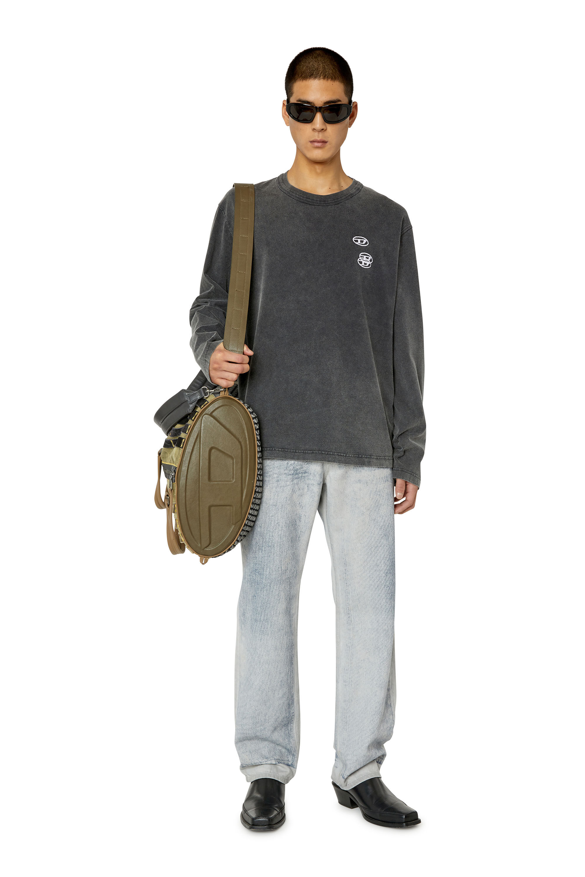 Diesel - T-CRANE-LS-SLITS, Man's T-shirt with triple logo embroidery in Black - 1