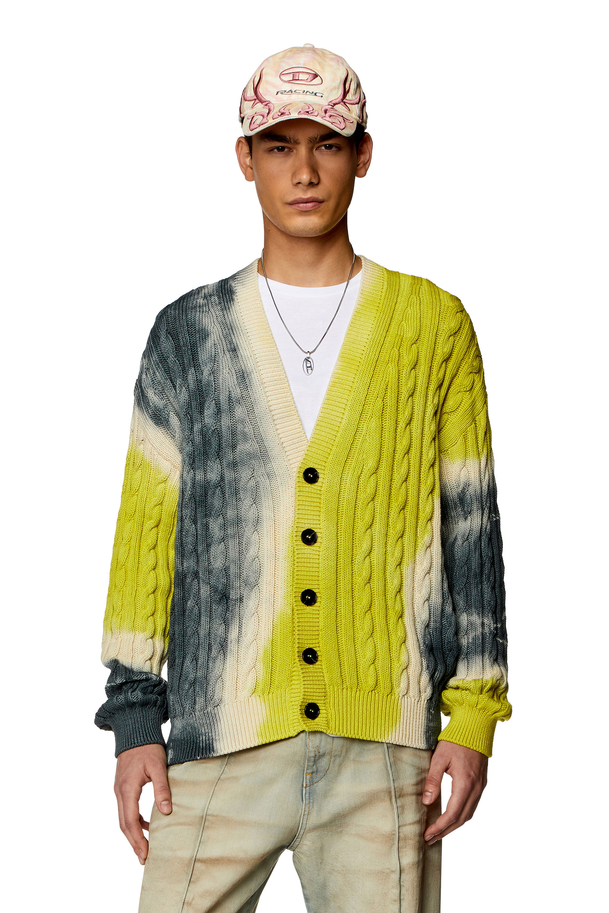 Diesel - K-JONNY, Man's Tie-dye cardigan in cable-knit cotton in Blue/Green - 3