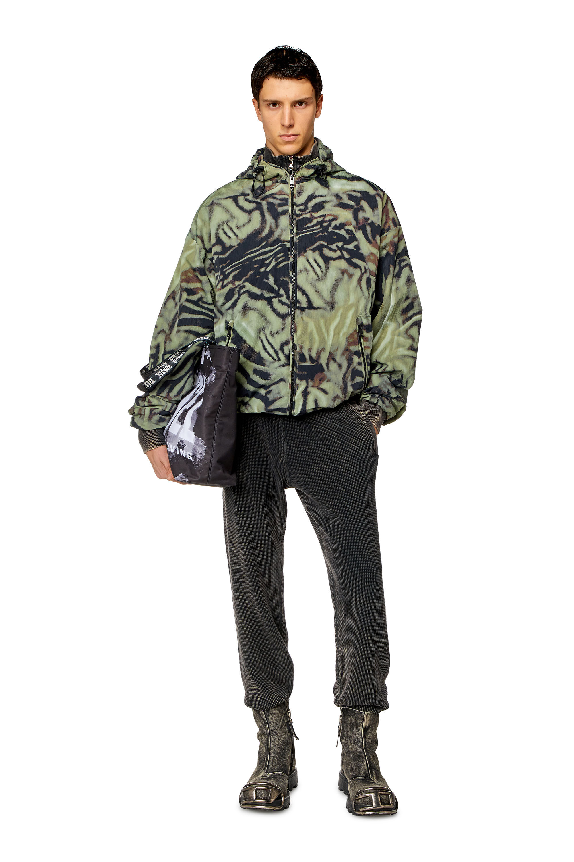 Diesel - J-LEOPOLD-ZEBRA, Man's Nylon windbreaker with camo-zebra print in Military Green - 1