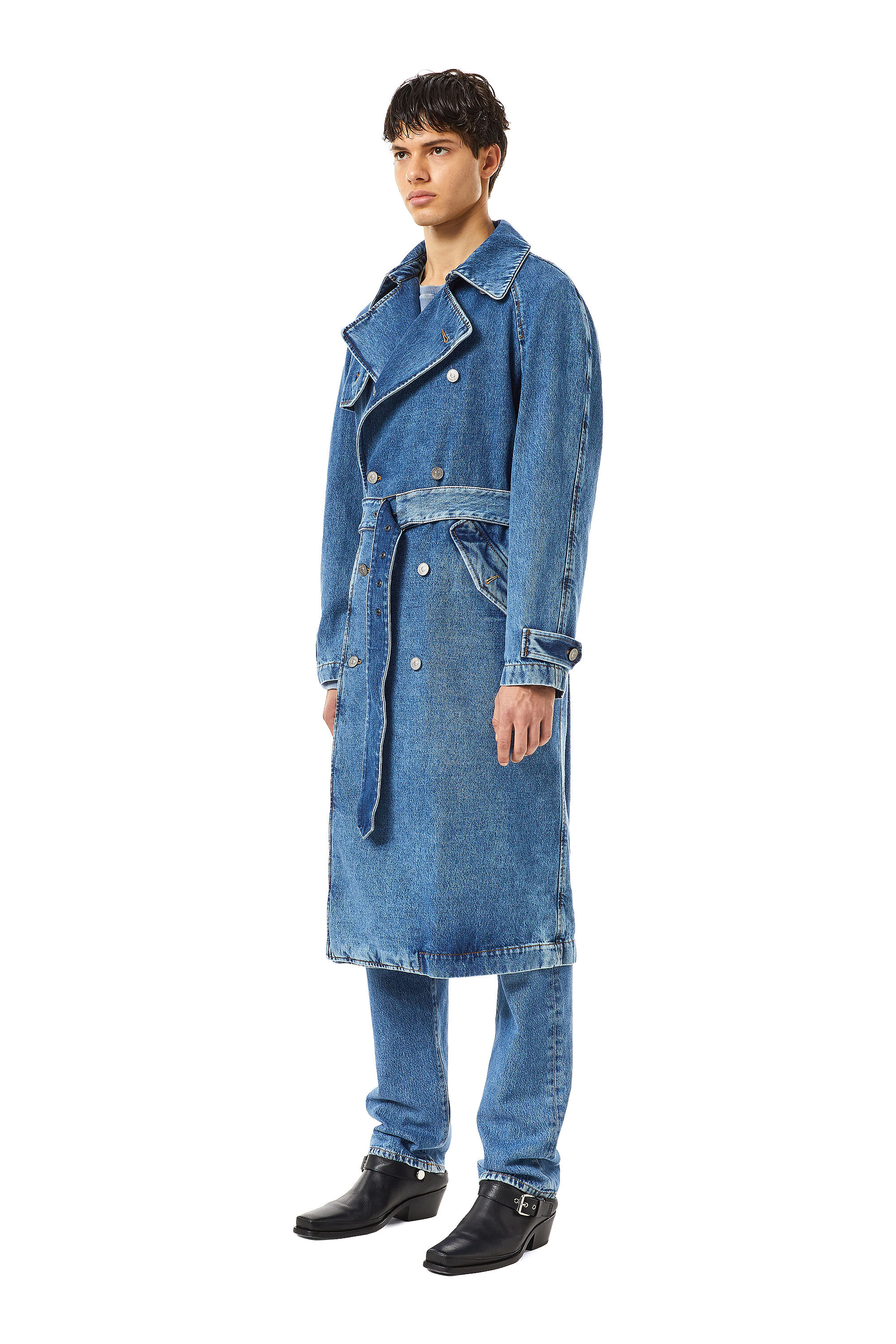 Diesel - D-DELIRIOUS DOUBLE BREASTED TRENCH COAT, Unisex's Trench coat in denim in Medium Blue - 7