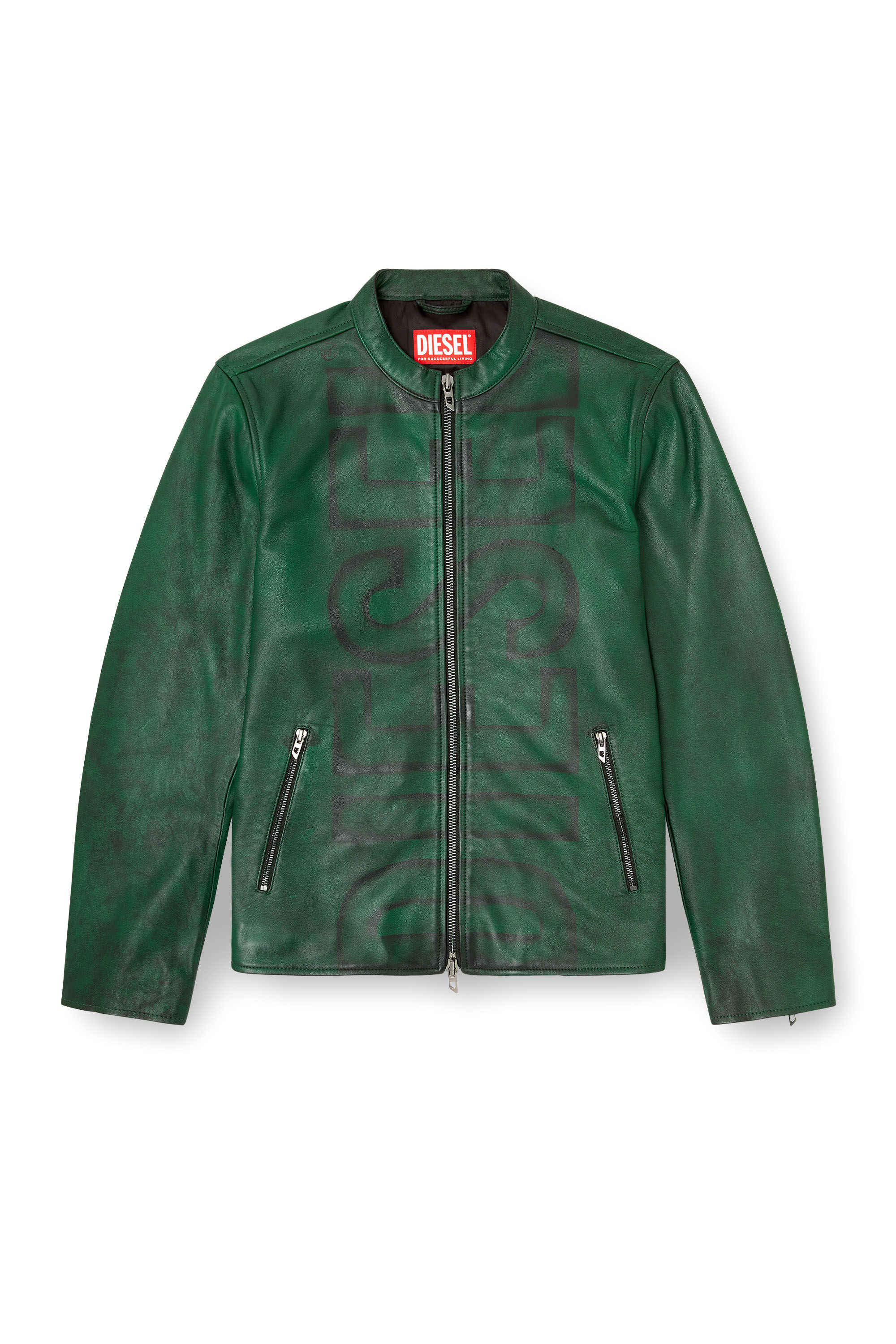 Diesel - L-EVERT-A, Man's Treated leather biker jacket with faded logo in Green - 5