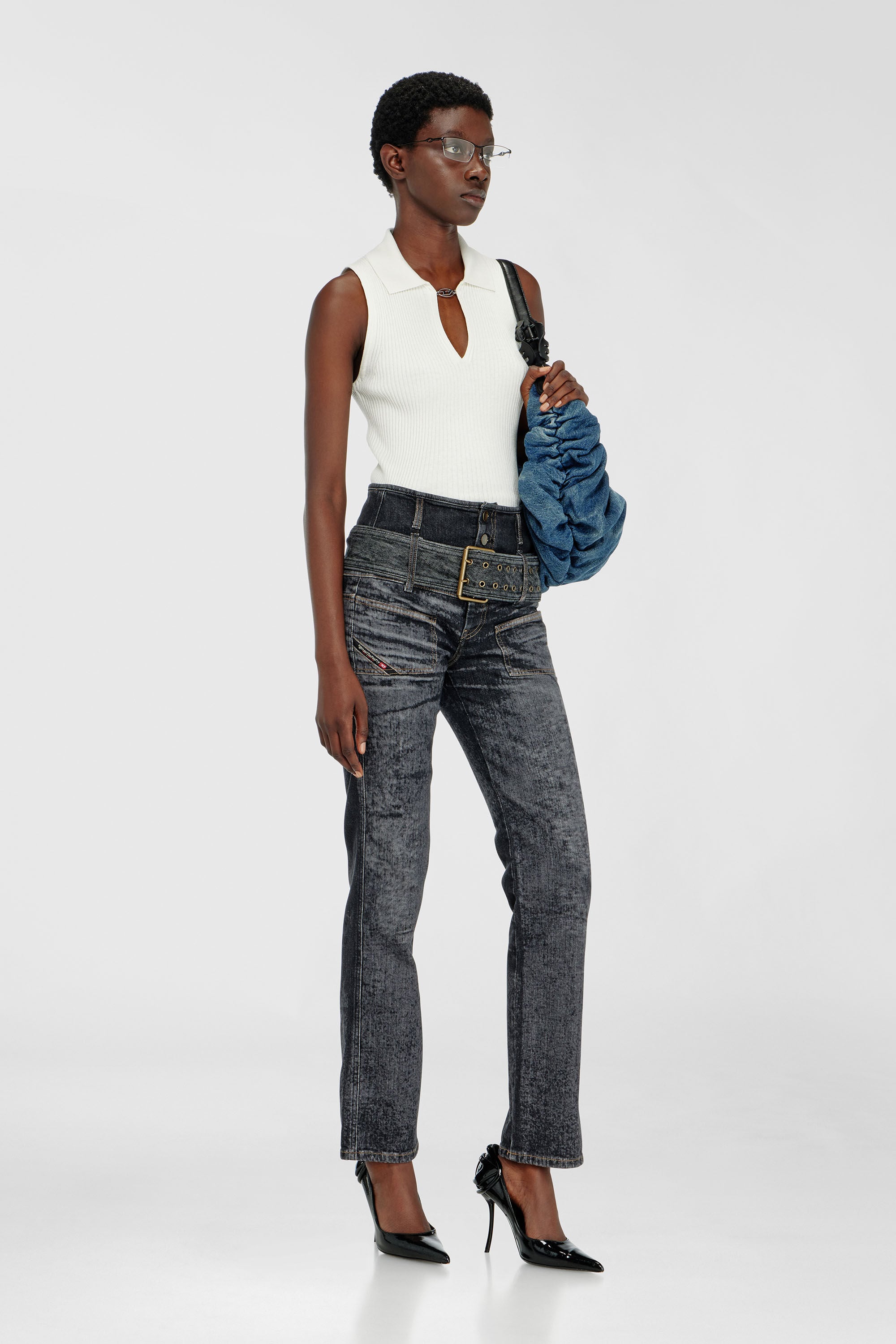 Diesel - M-LILITA, Top tipo polo sin mangas de punto acanalado en mezcla de seda Mujer in Blanco - 1