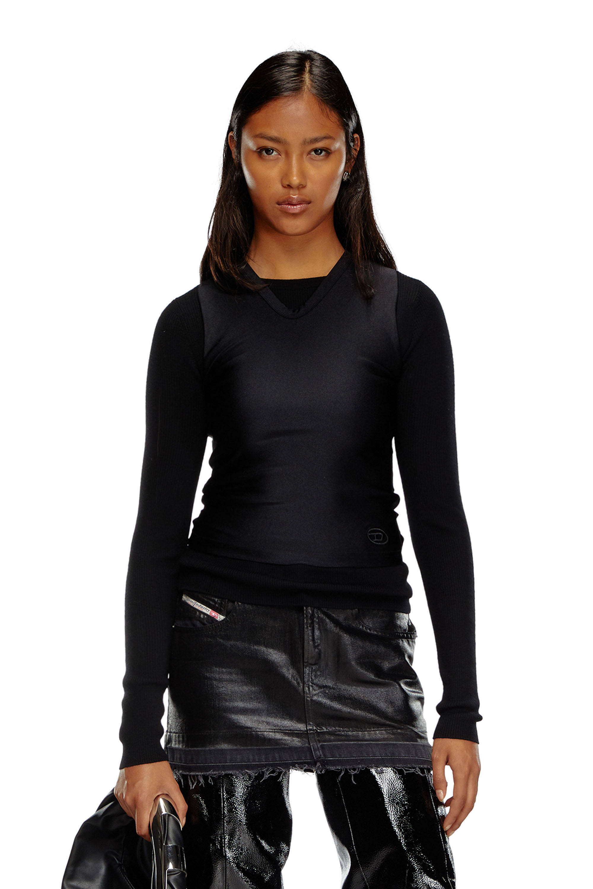 Diesel - M-ROSEL, Female's Wool-knit top with tank overlay in Black - 3