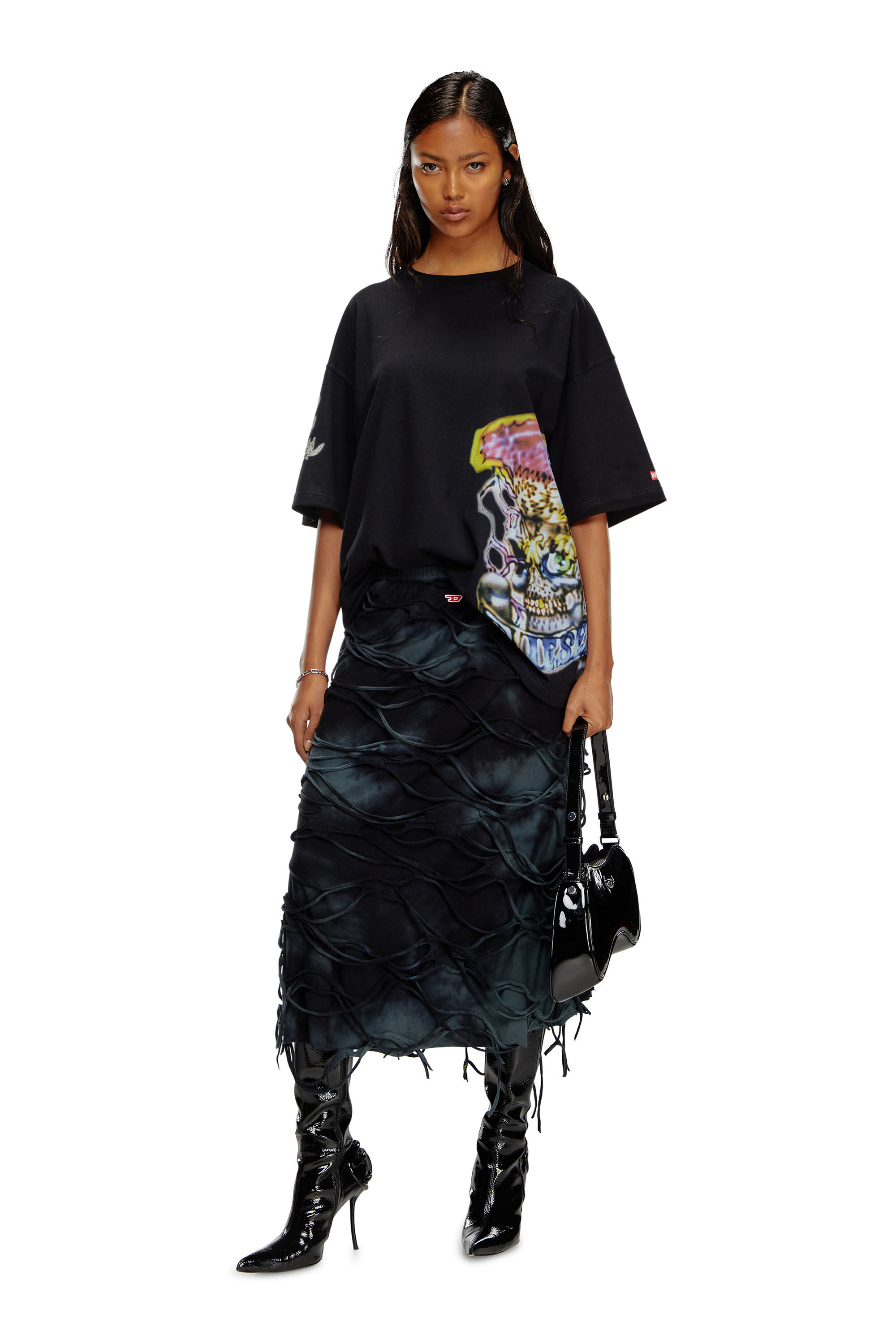 Diesel - O-JAL, Jupe midi avec brins flottants Femme in Noir - 1