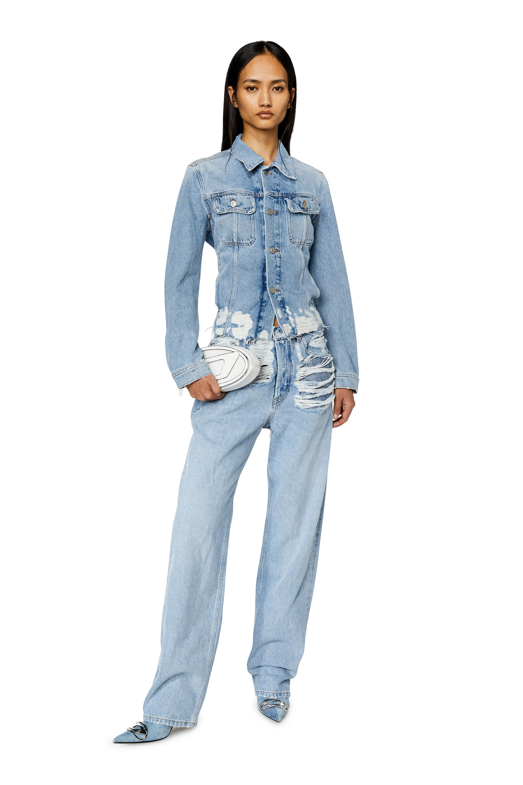 Women's Trucker jacket in destroyed Denim | Blue | Diesel Denim Set