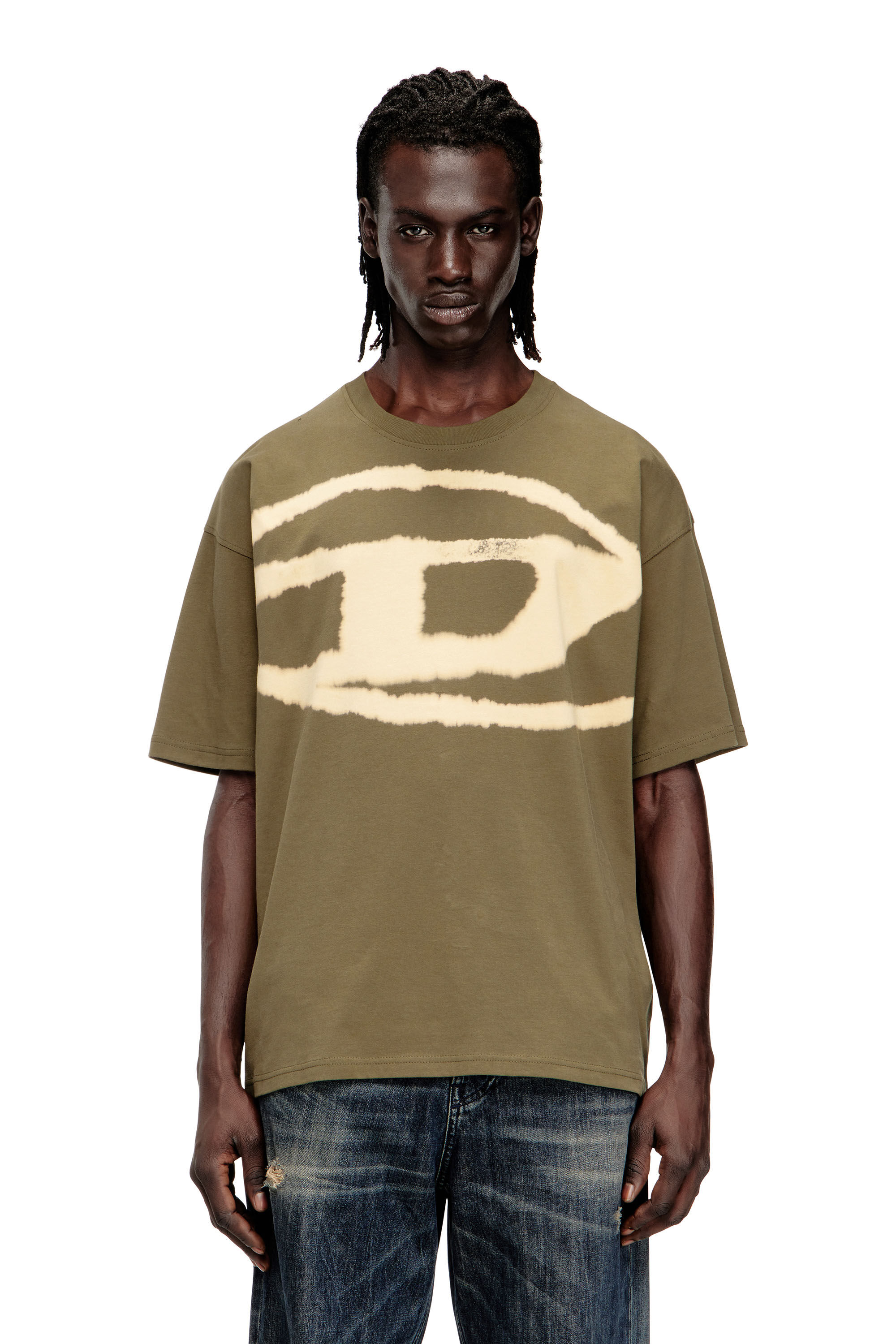 Men's T-shirt with bleached Oval D logo | Green | Diesel