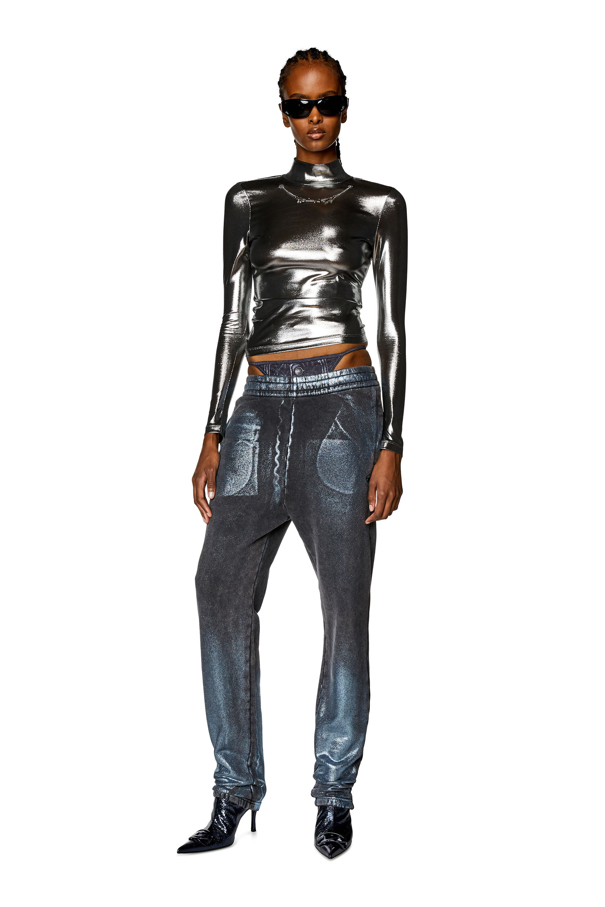 Diesel - T-META, Female's Metallic top with chain detail in Black - 1