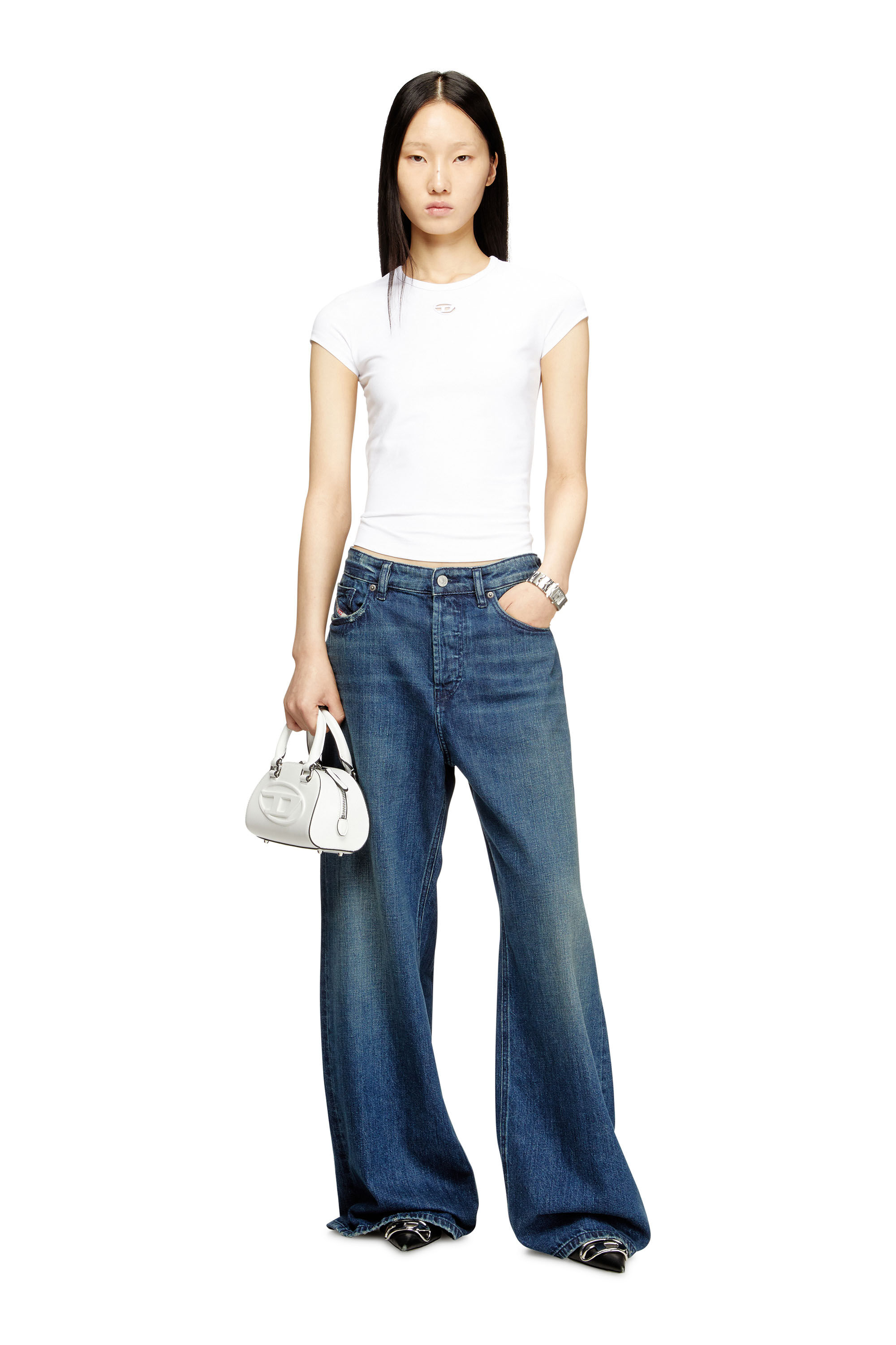 Women's T-shirt with cut-out embroidered logo | White | Diesel