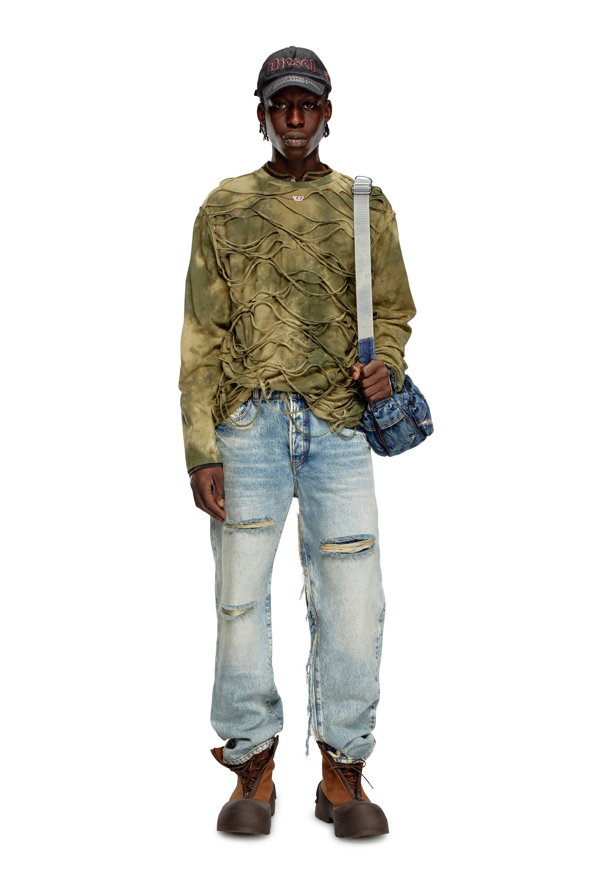 Diesel - T-CRANET-LS, Male's Long-sleeve T-shirt with floating strands in Military Green - 1