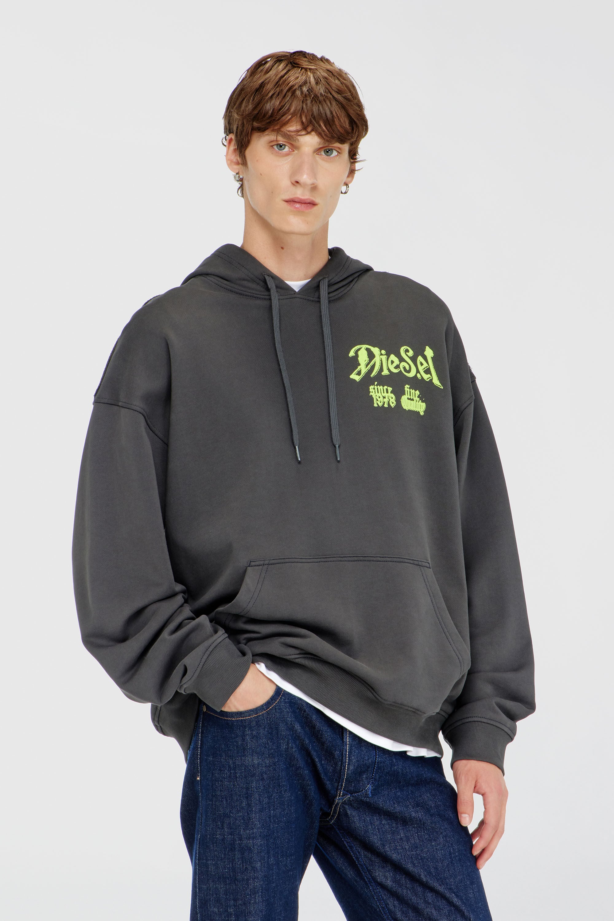 Diesel - S-BOXT-HOOD-AA2, Man's Cotton hoodie with flocked graphics in Dark grey - 3