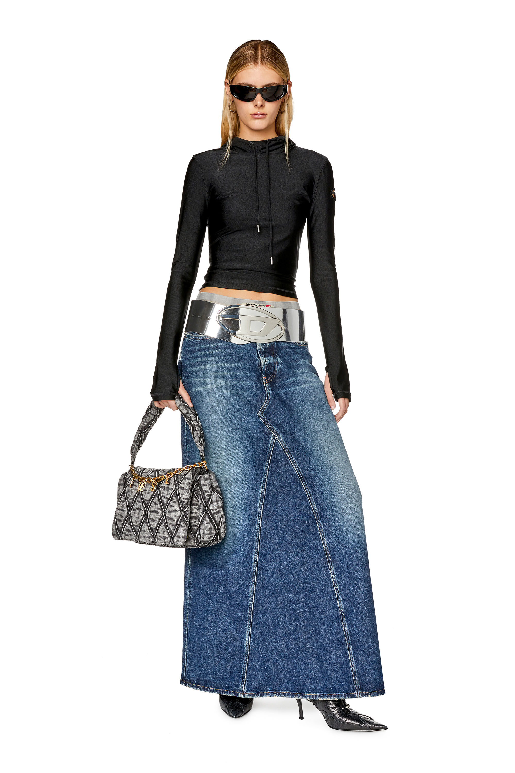 Diesel - T-METAL, Sudadera con capucha de nailon el&aacute;stico brillante Mujer in Negro - 1