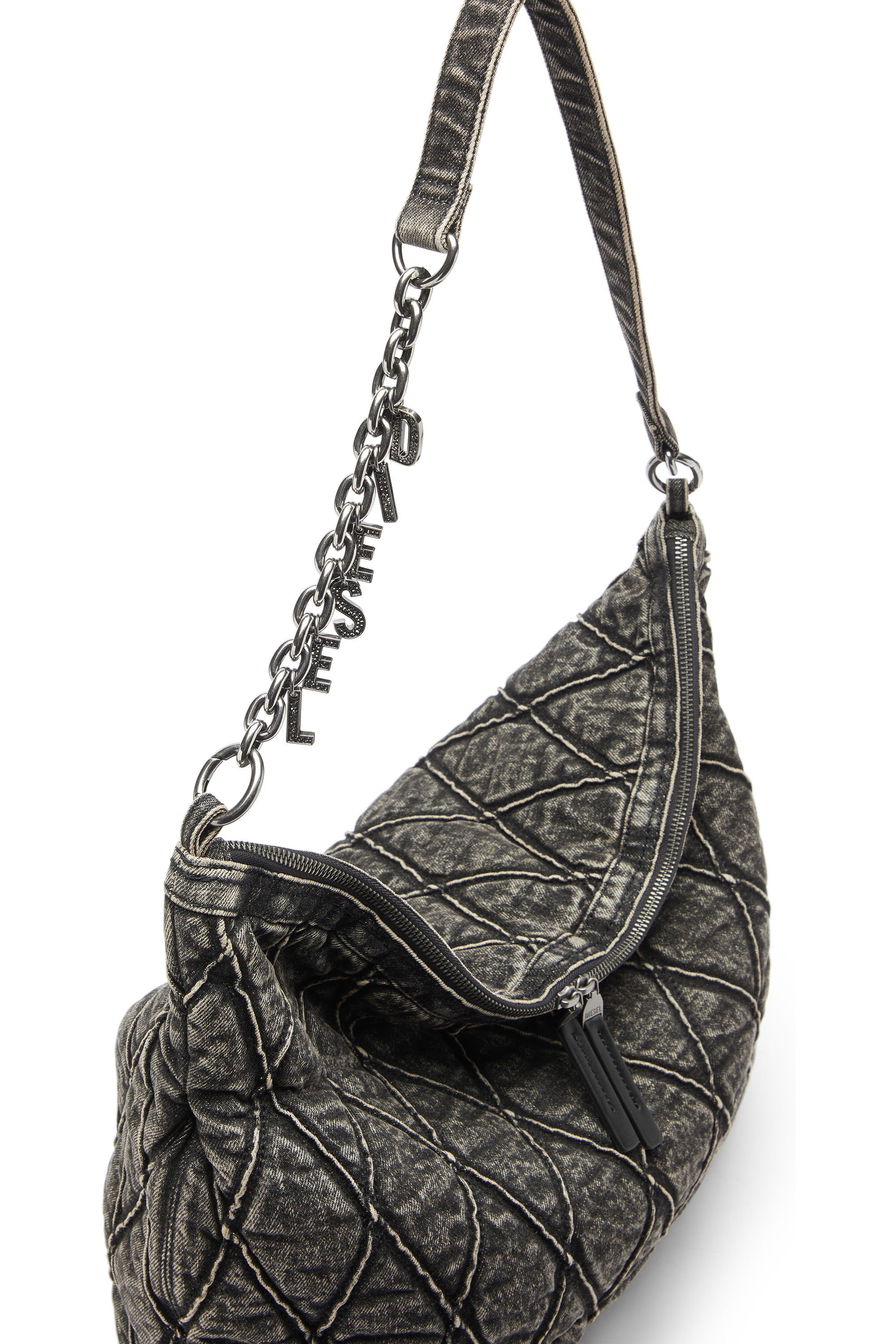 Diesel - CHARM-D HOBO, Woman's Charm-D - Hobo bag in acid-wash quilted denim in Dark grey - 5