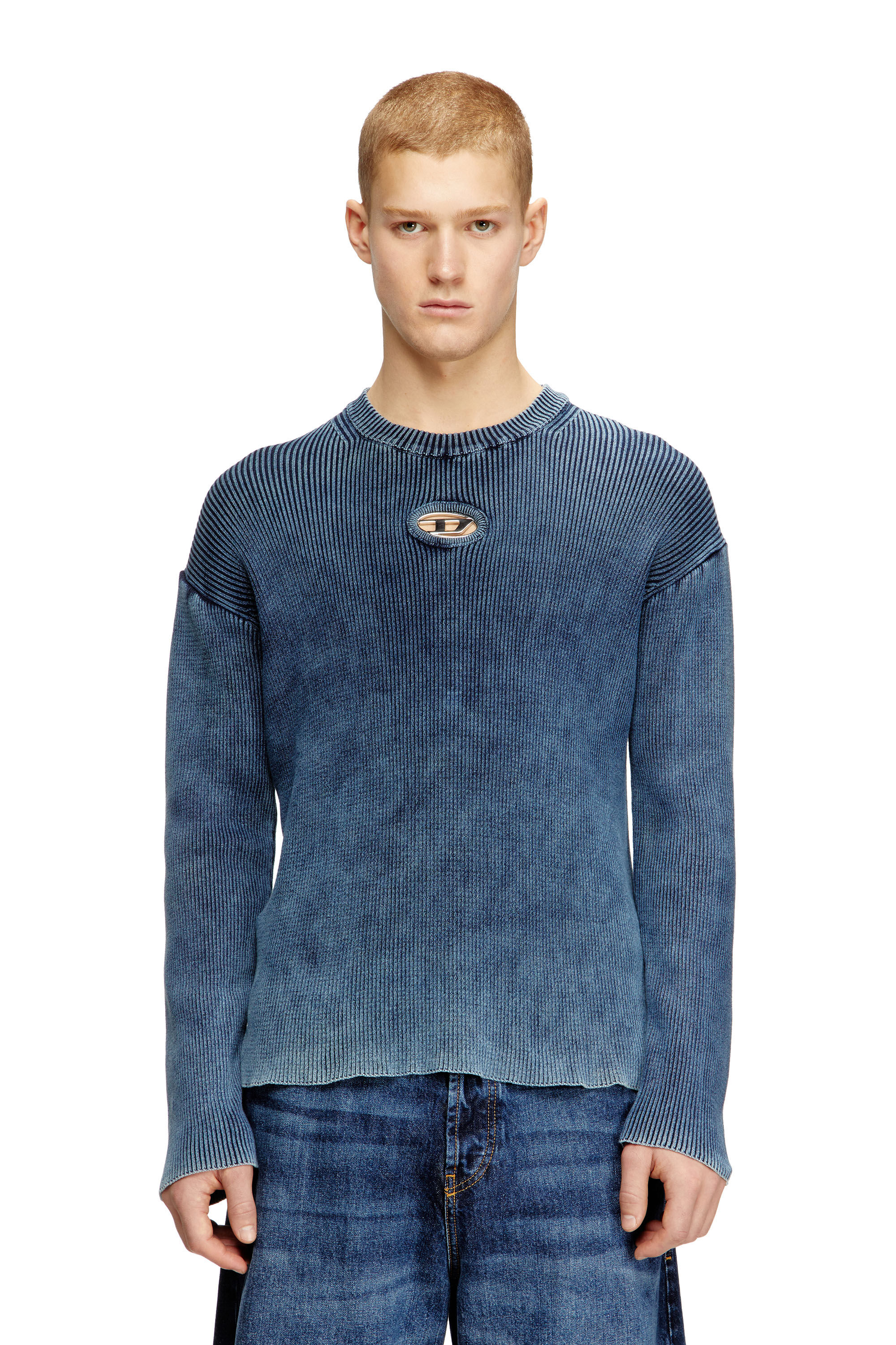 Men's Cut-out ribbed jumper with Oval D plaque | Blue | Diesel