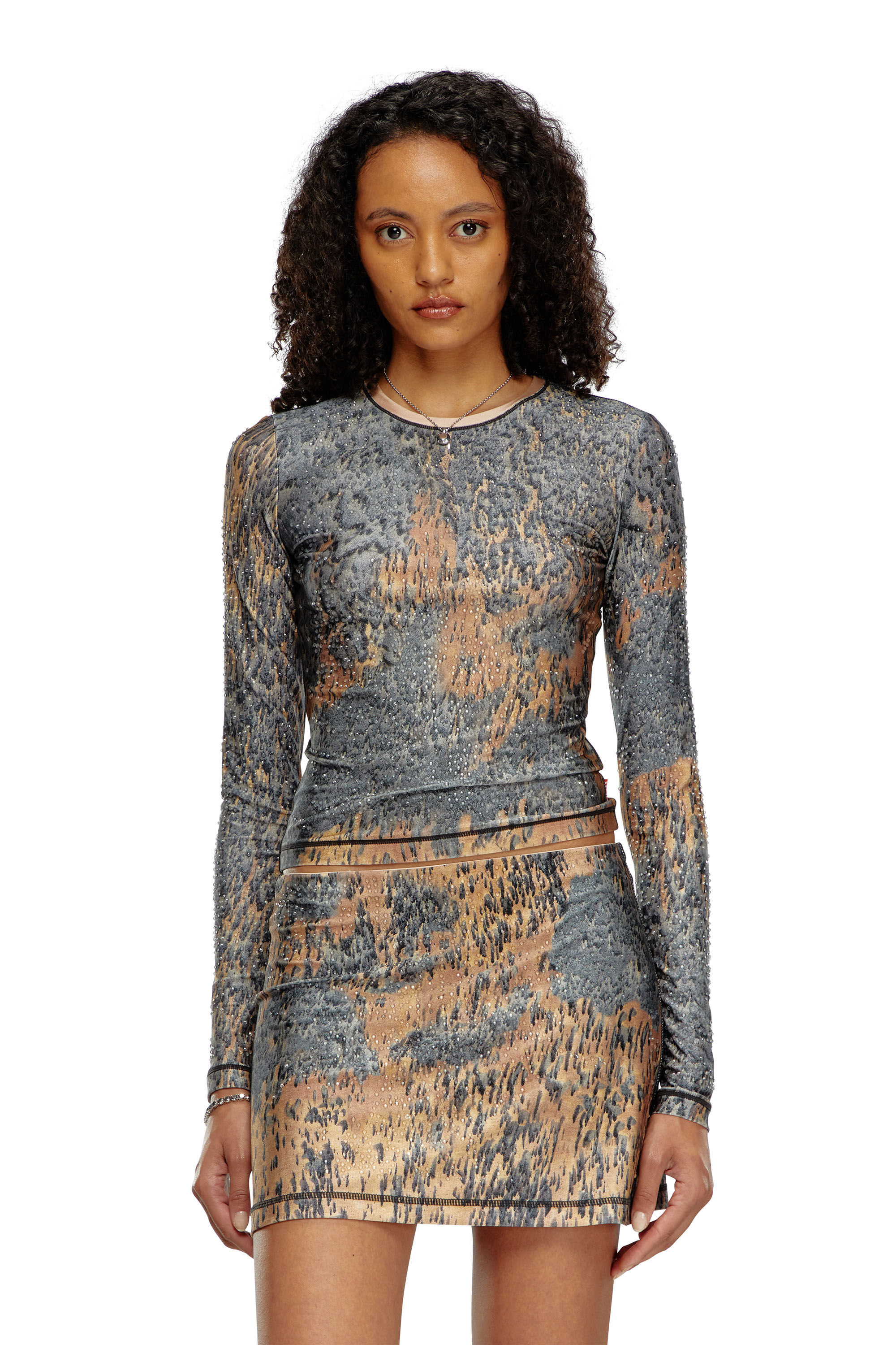Diesel - T-CUTIE-LS, Female's Top with crystals and Rain Camo print in Beige/Grey - 3