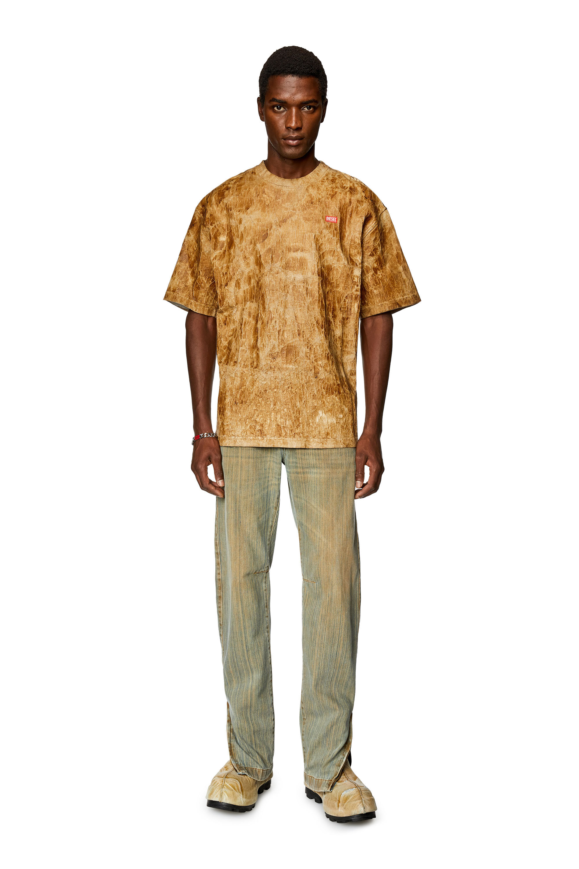 Diesel - T-MASSI, Male's Leather-effect cotton T-shirt in Light Brown - 1