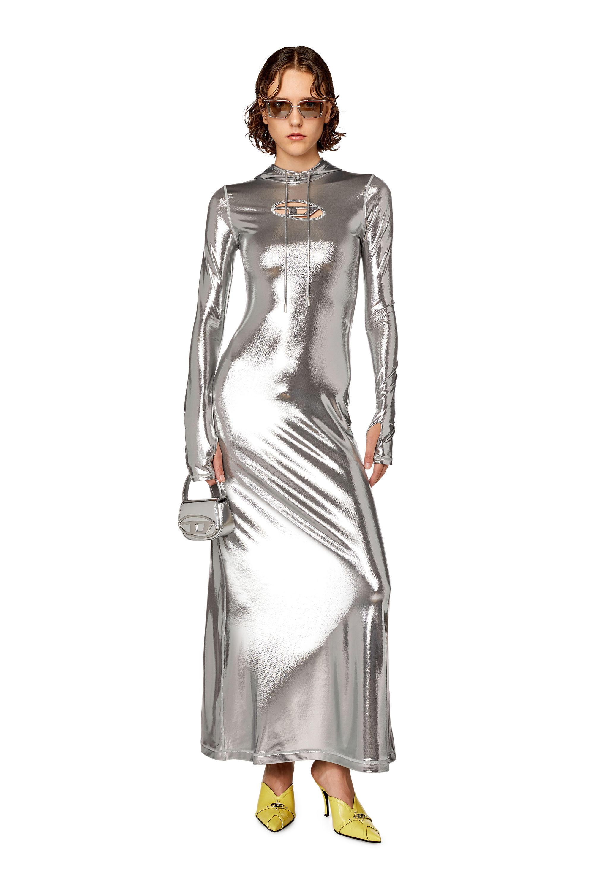Diesel - D-MATHILDE-L1, Robe à capuche avec effet métallisé brillant Femme in Gris - 1