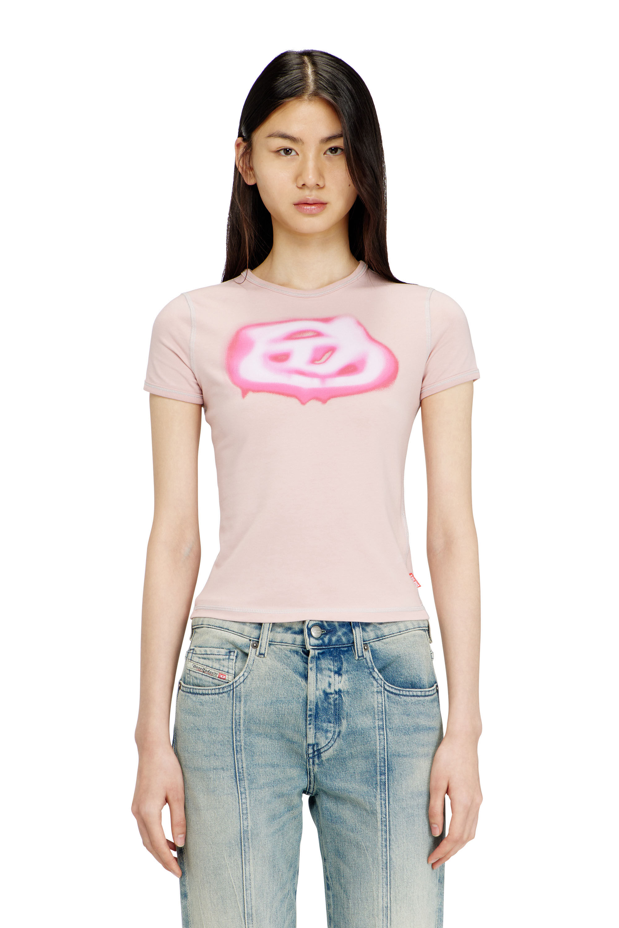 Women's Slim T-shirt with graffiti-effect logo | Pink | Diesel