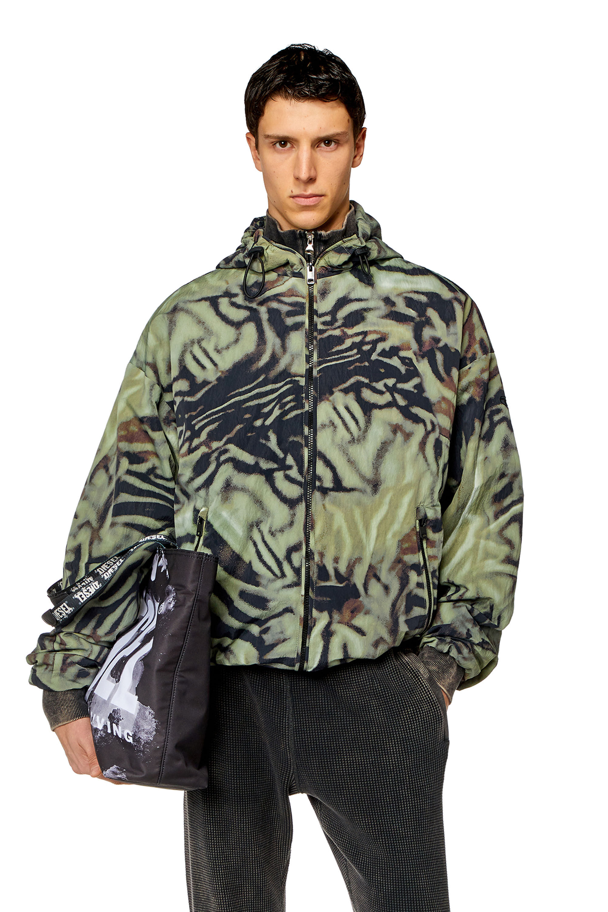 Diesel - J-LEOPOLD-ZEBRA, Man's Nylon windbreaker with camo-zebra print in Military Green - 3