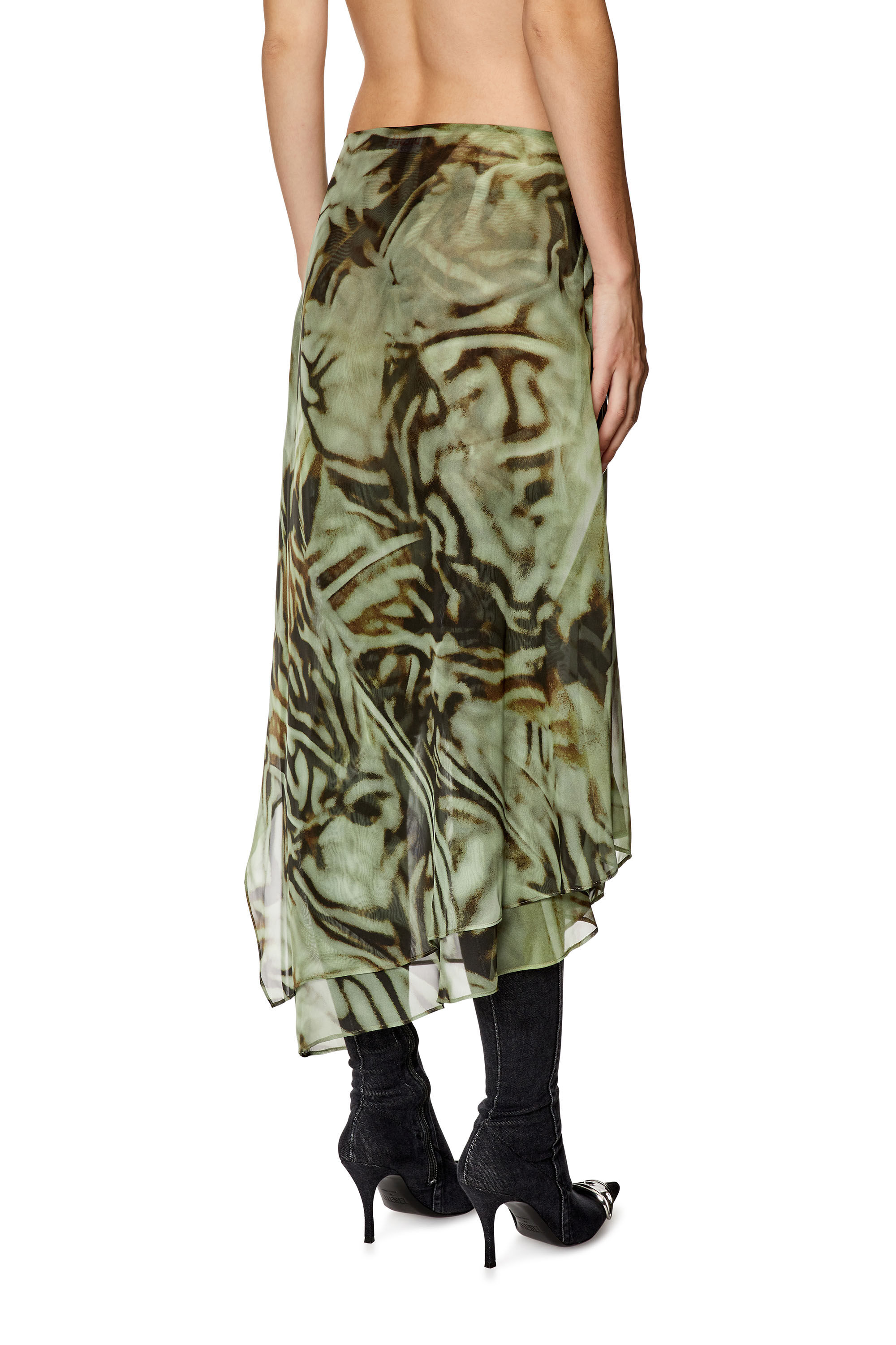 Diesel - O-STENT, Woman's Asymmetric midi skirt in camo chiffon in Military Green - 4