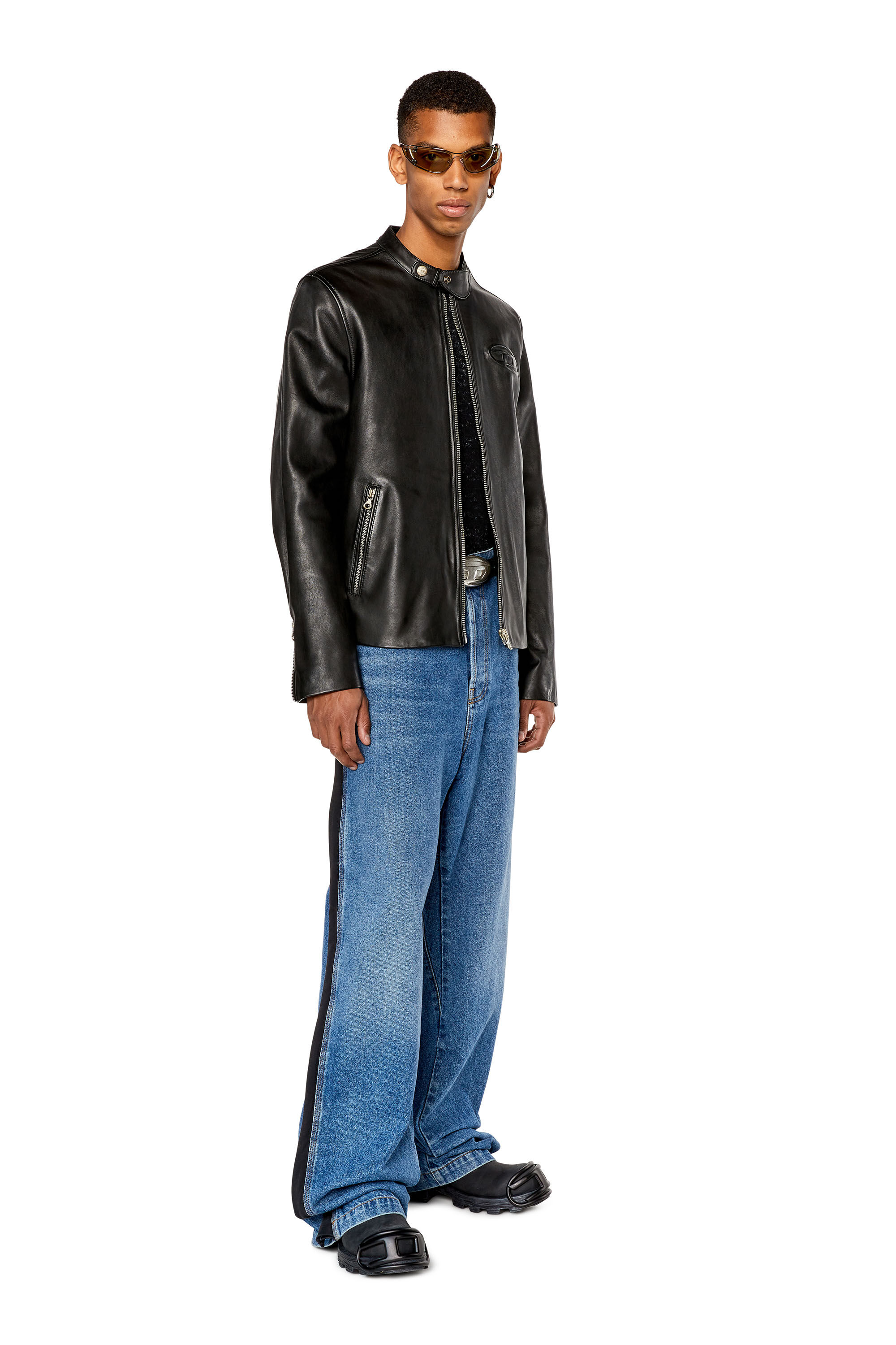 Diesel - L-METALO, Male's Leather biker jacket with distressed logo in Black - 1