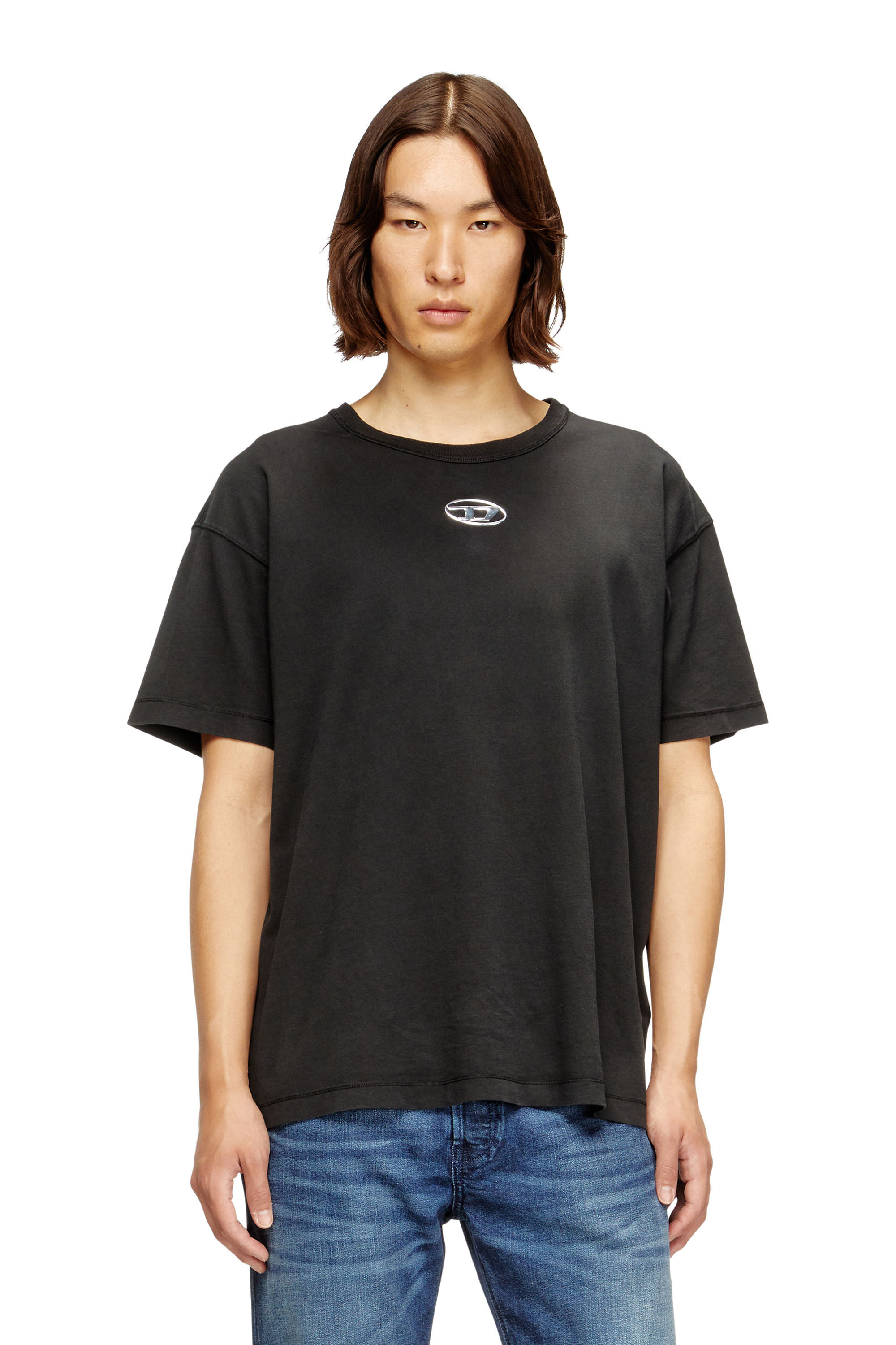 Men's Light cotton T-shirt with metallic Oval D logo | Black | Diesel
