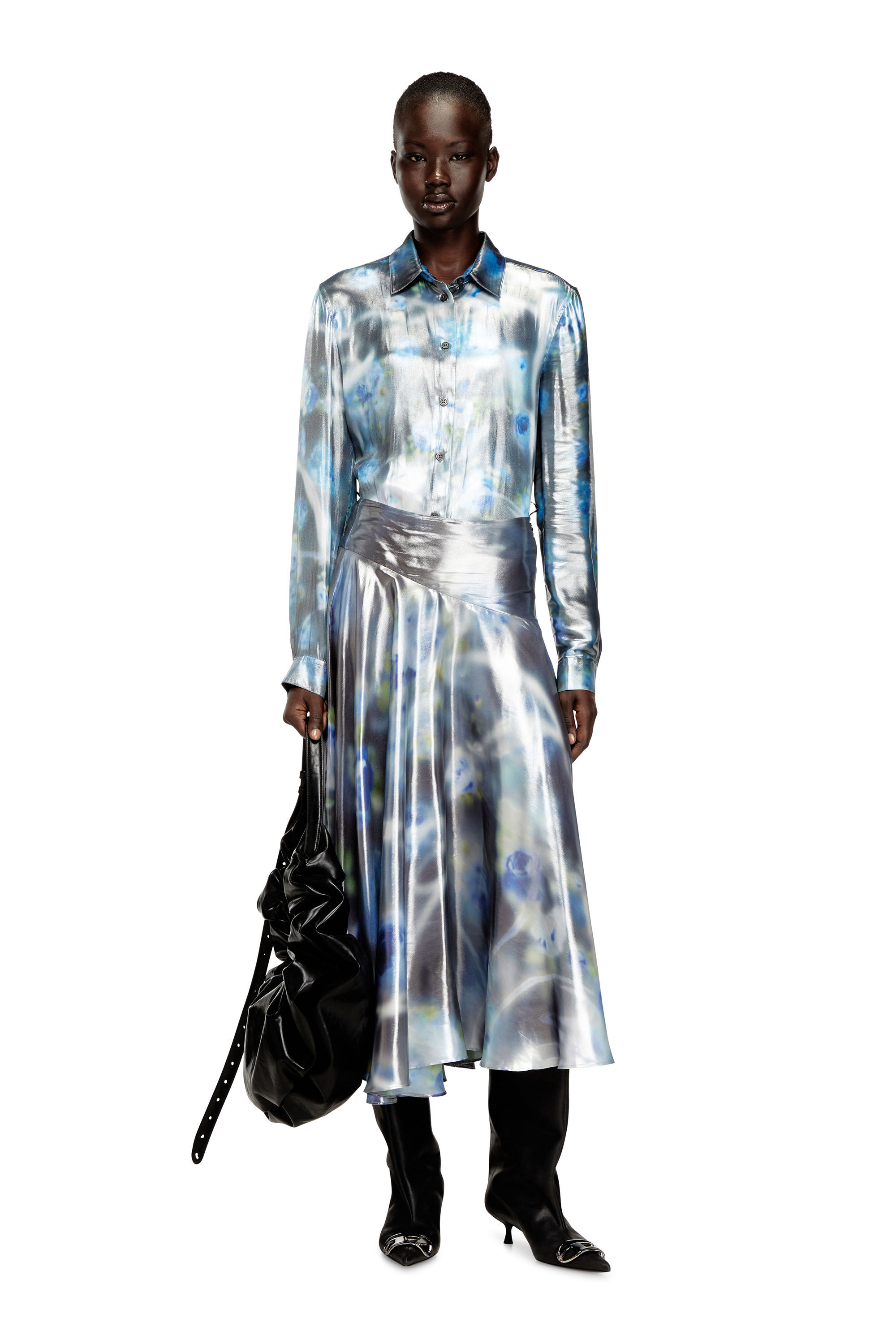 Women's Metallic shirt with blurred roses print | Blue | Diesel