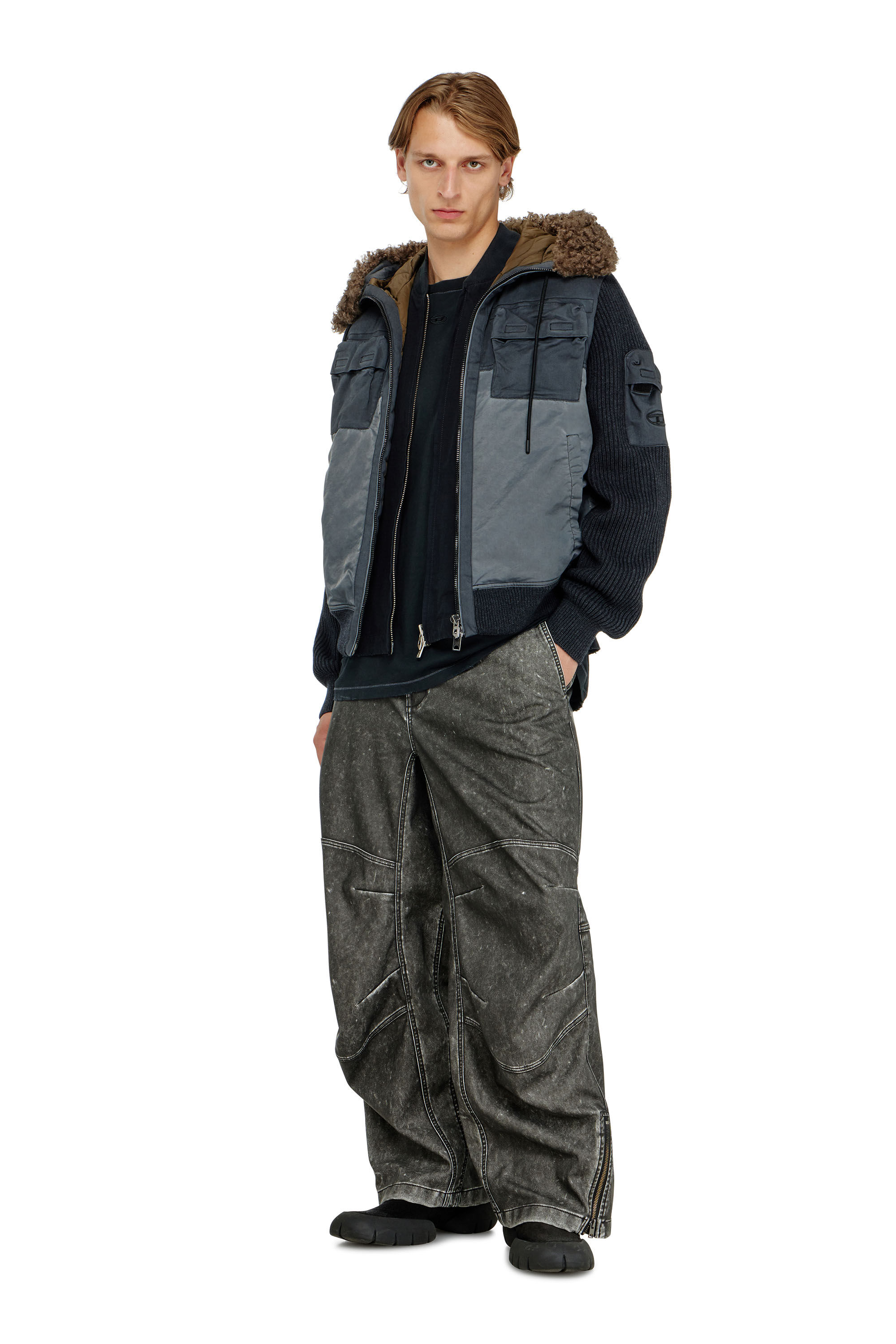 Men's Hooded padded jacket with knitted sleeves | Blue | Diesel US