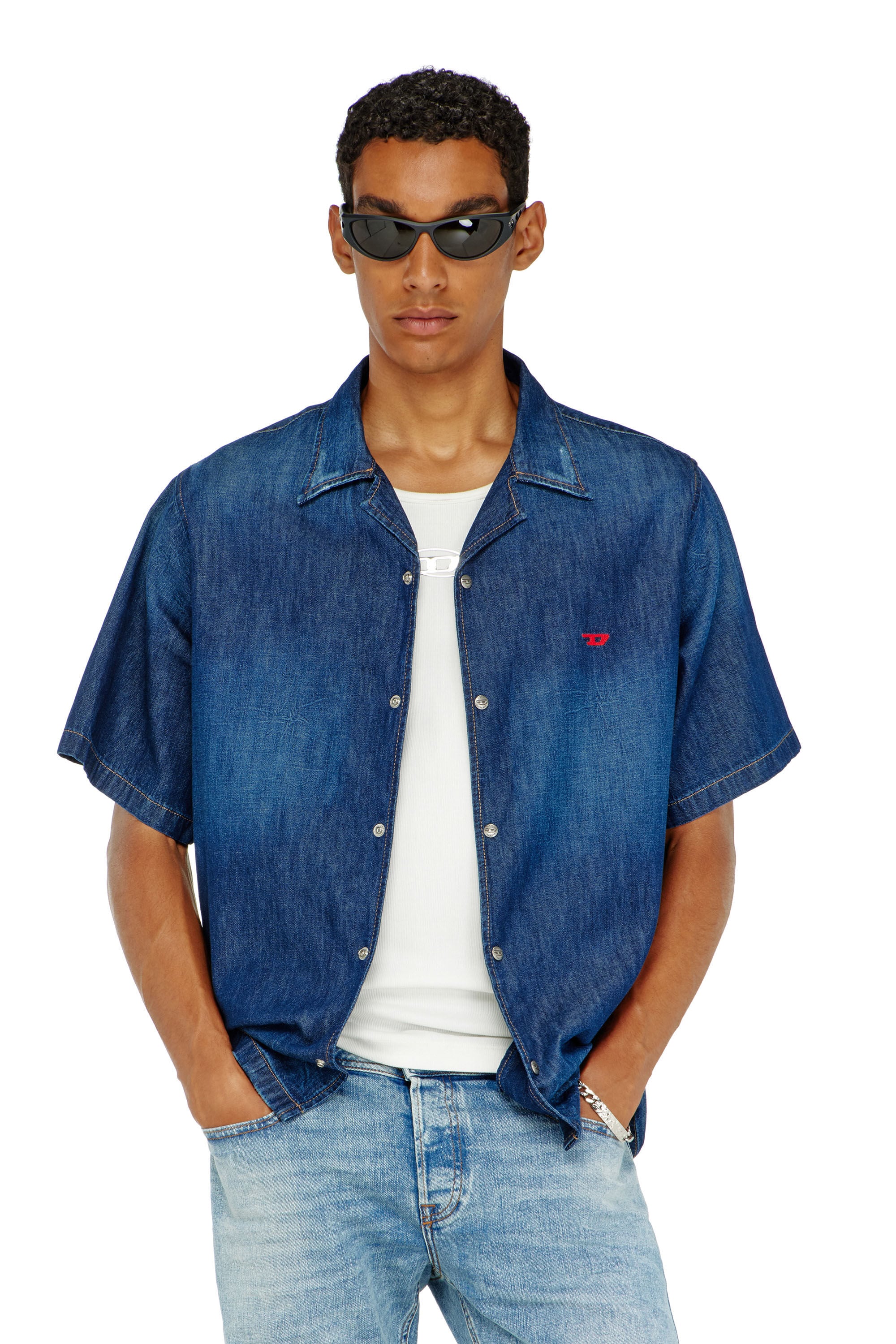 Diesel - D-NABIL-D, Male's Denim short-sleeve shirt in Blue - 3