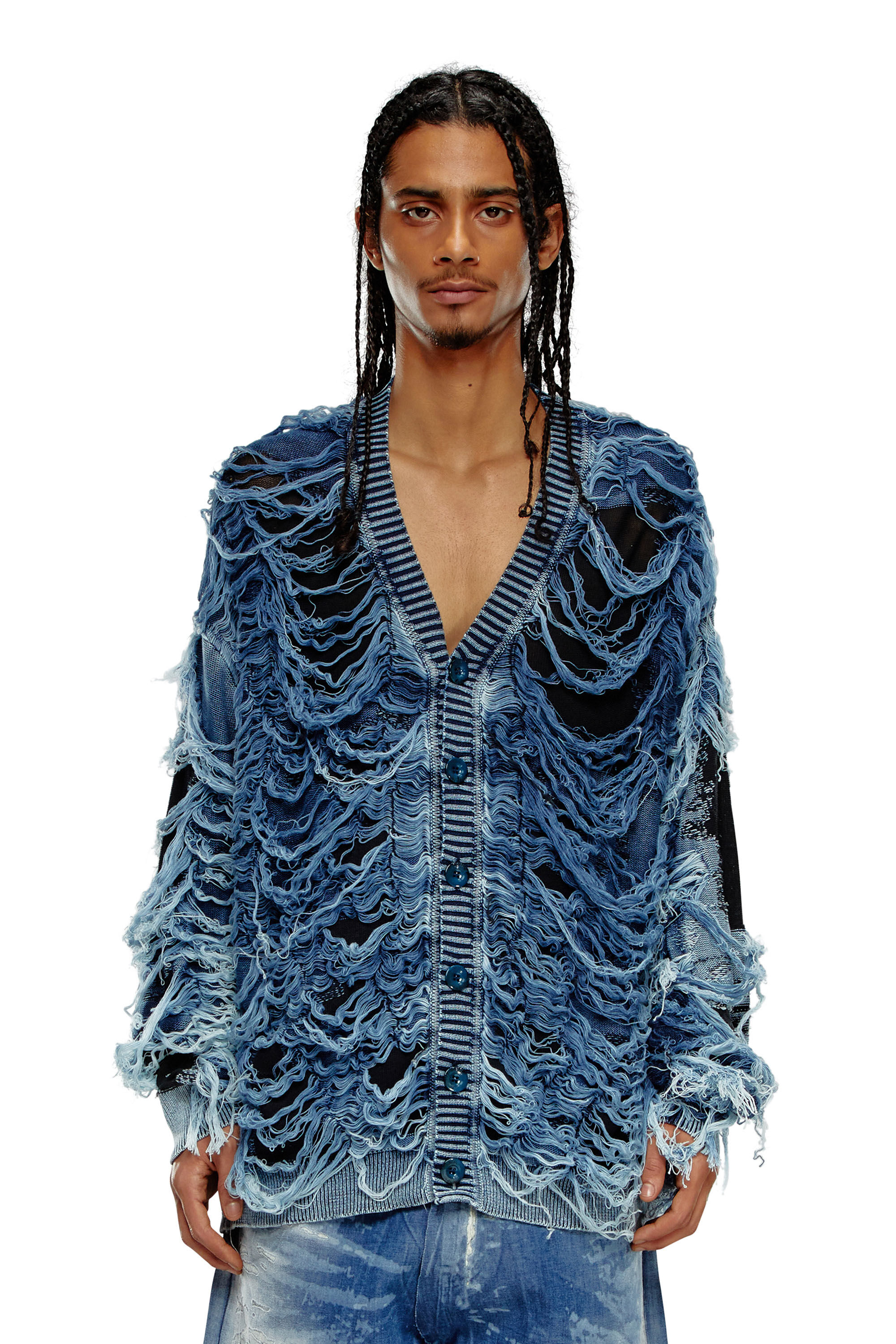 Diesel - K-BOBOLI, Cardigan indigo effet destroy avec col en V Homme in Polychrome - 6