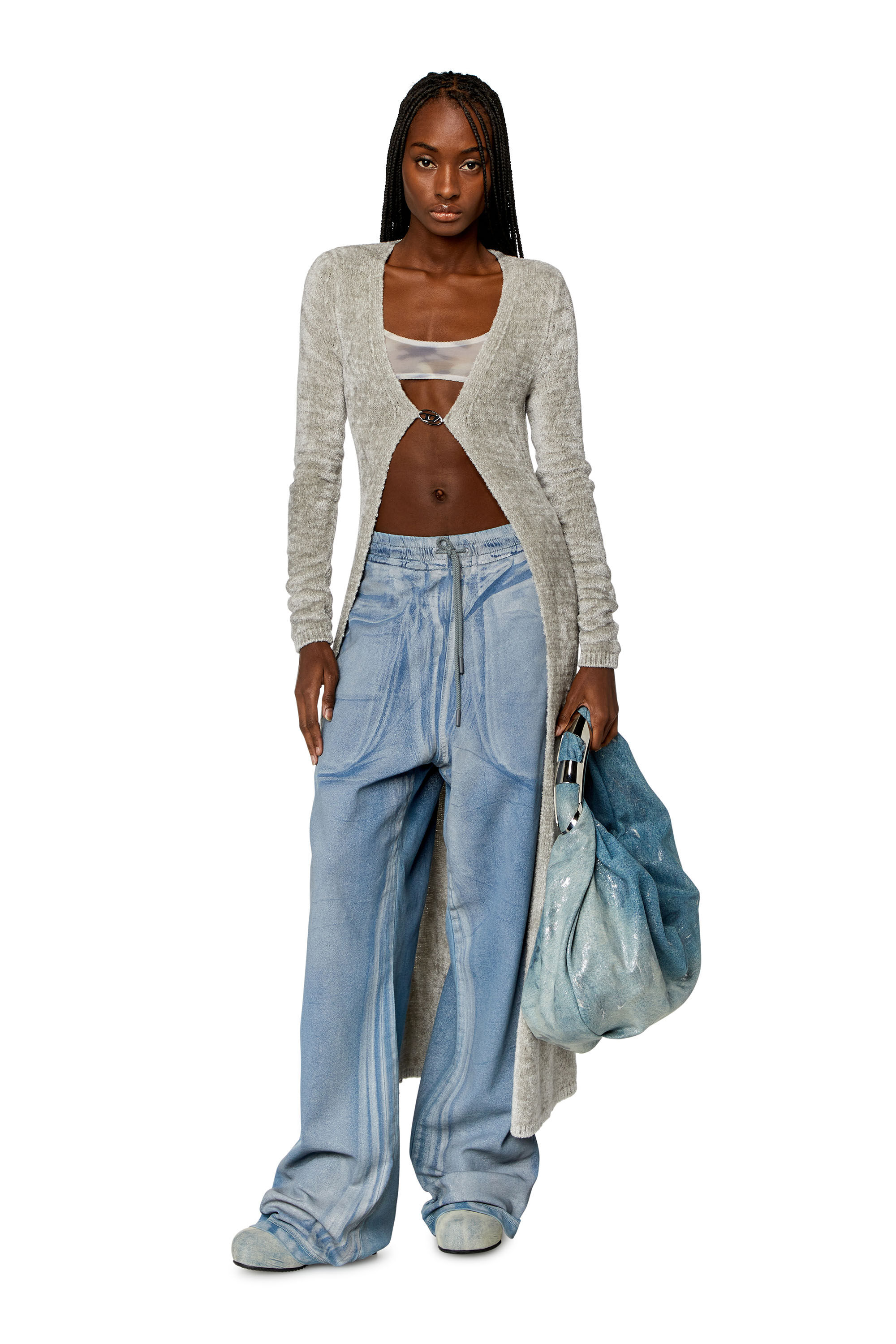 Diesel - M-CAROL, Woman's Long fuzzy chenille cardigan in Grey - 1