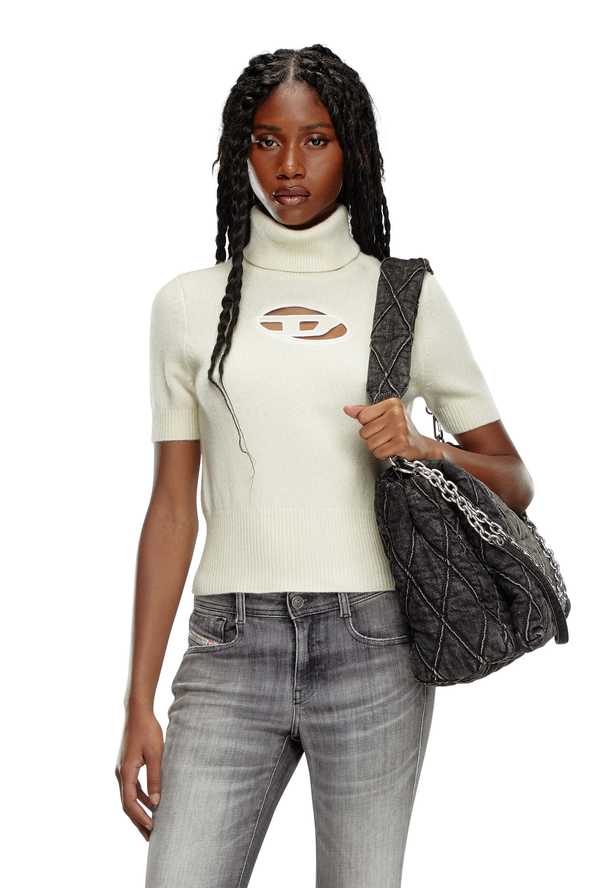 Diesel - M-ARGARET, Pull à manches courtes avec logo effet découpé Femme in Blanc - 3