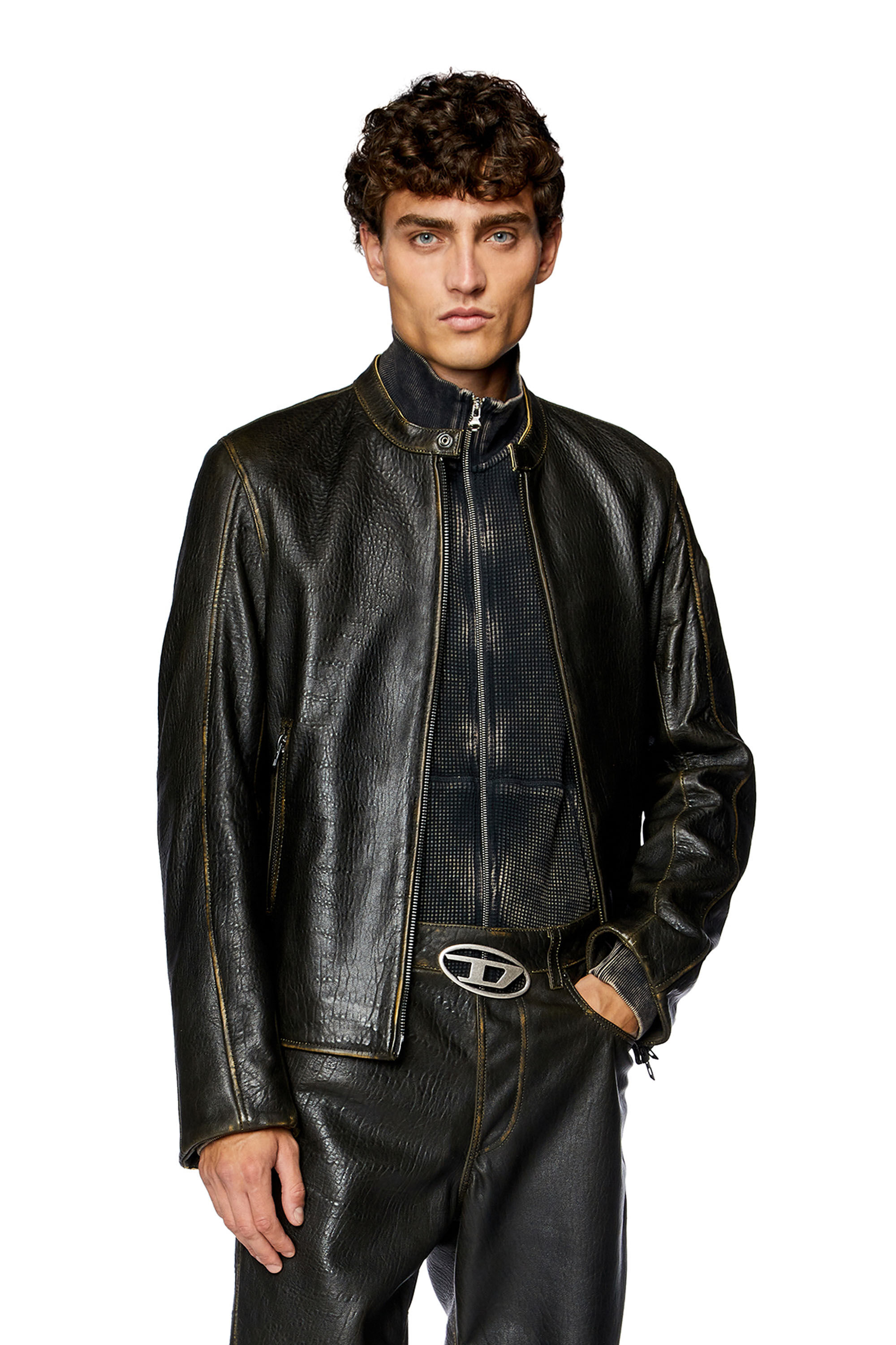 Diesel - L-COBBE, Man's Biker jacket in wrinkled leather in Brown - 3