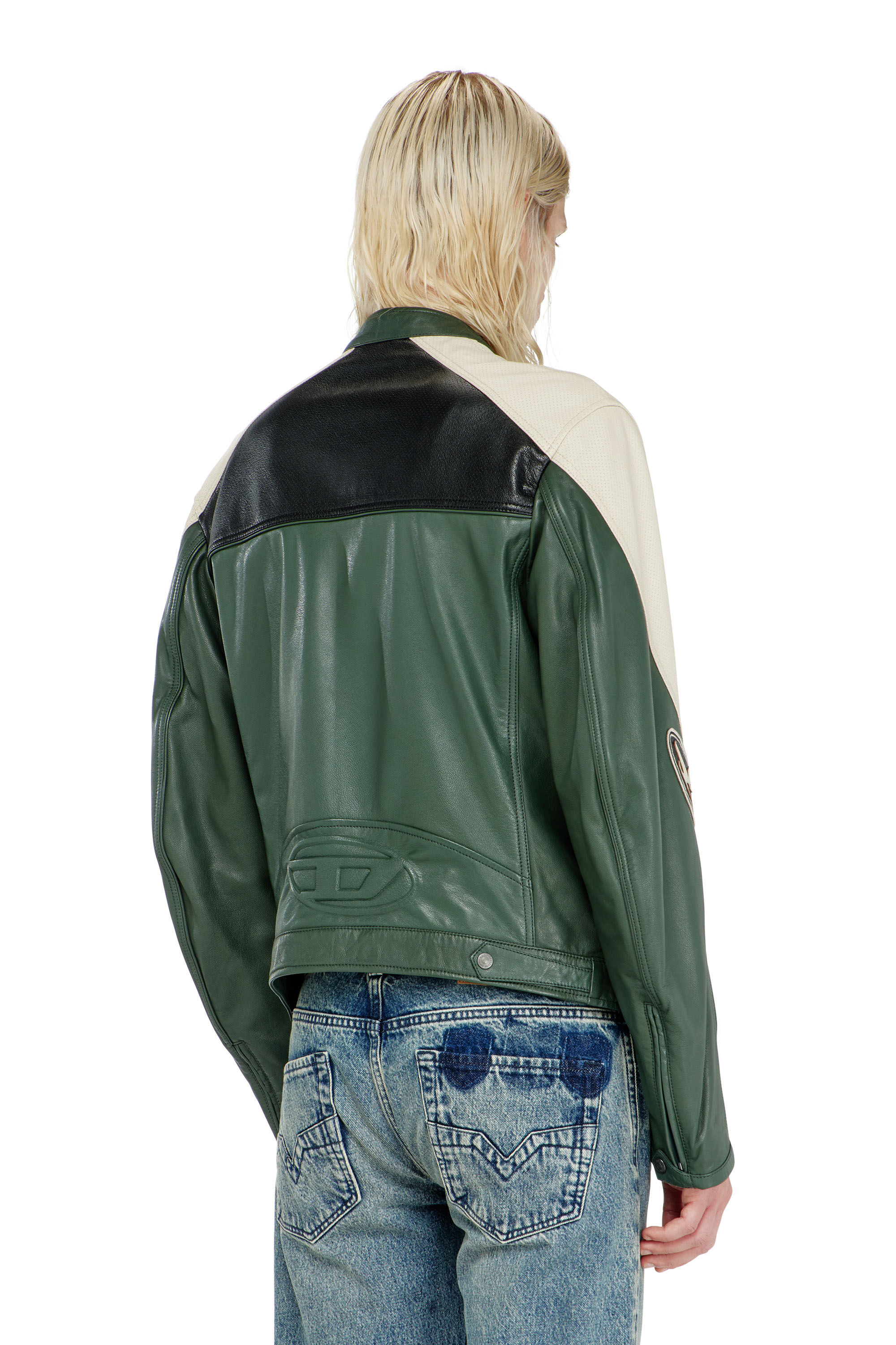 Men's Biker jacket in colour-block perforated leather | Multicolor