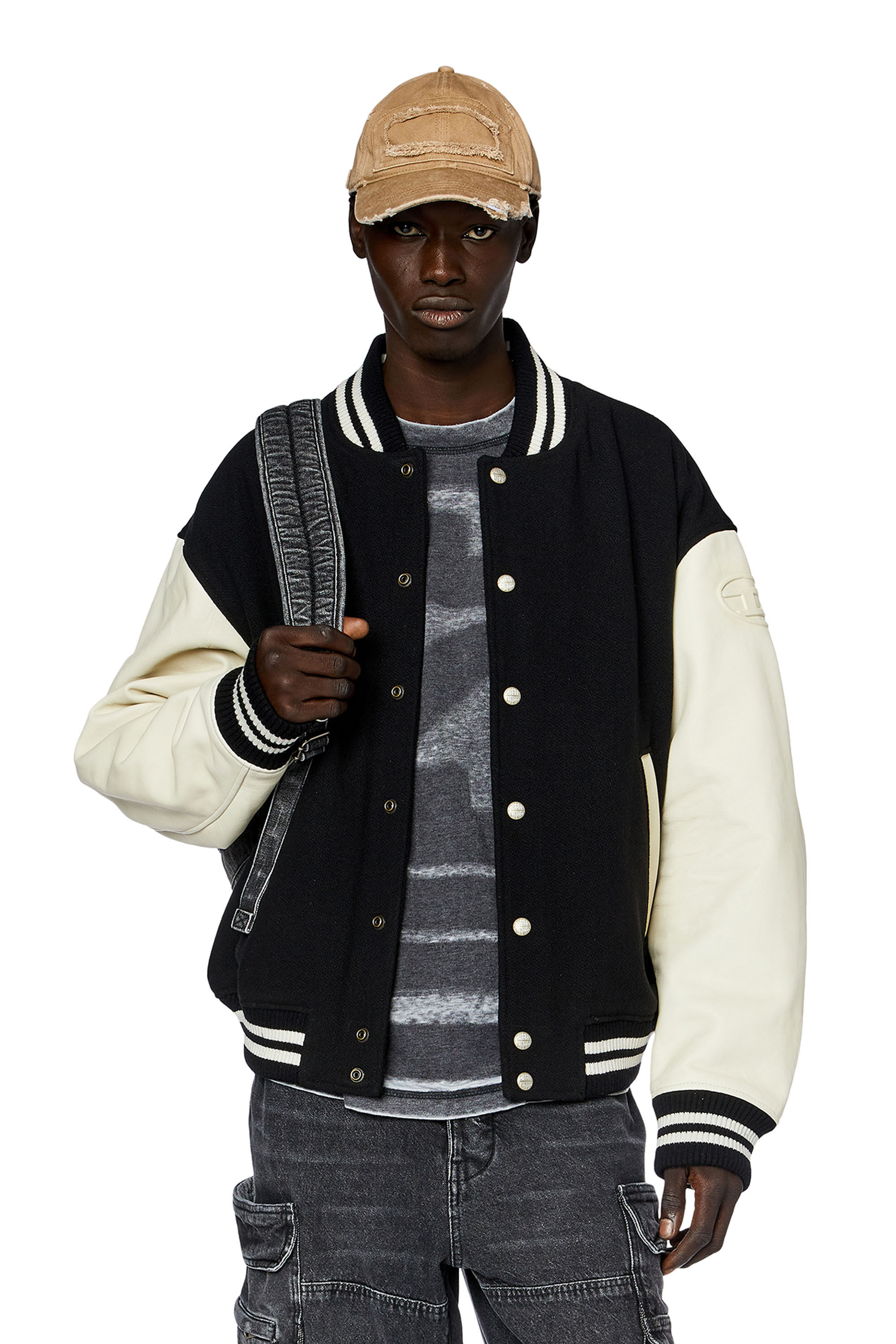 Diesel - L-FRANZ, Bomber en cuir et en laine Homme in Polychrome - 3