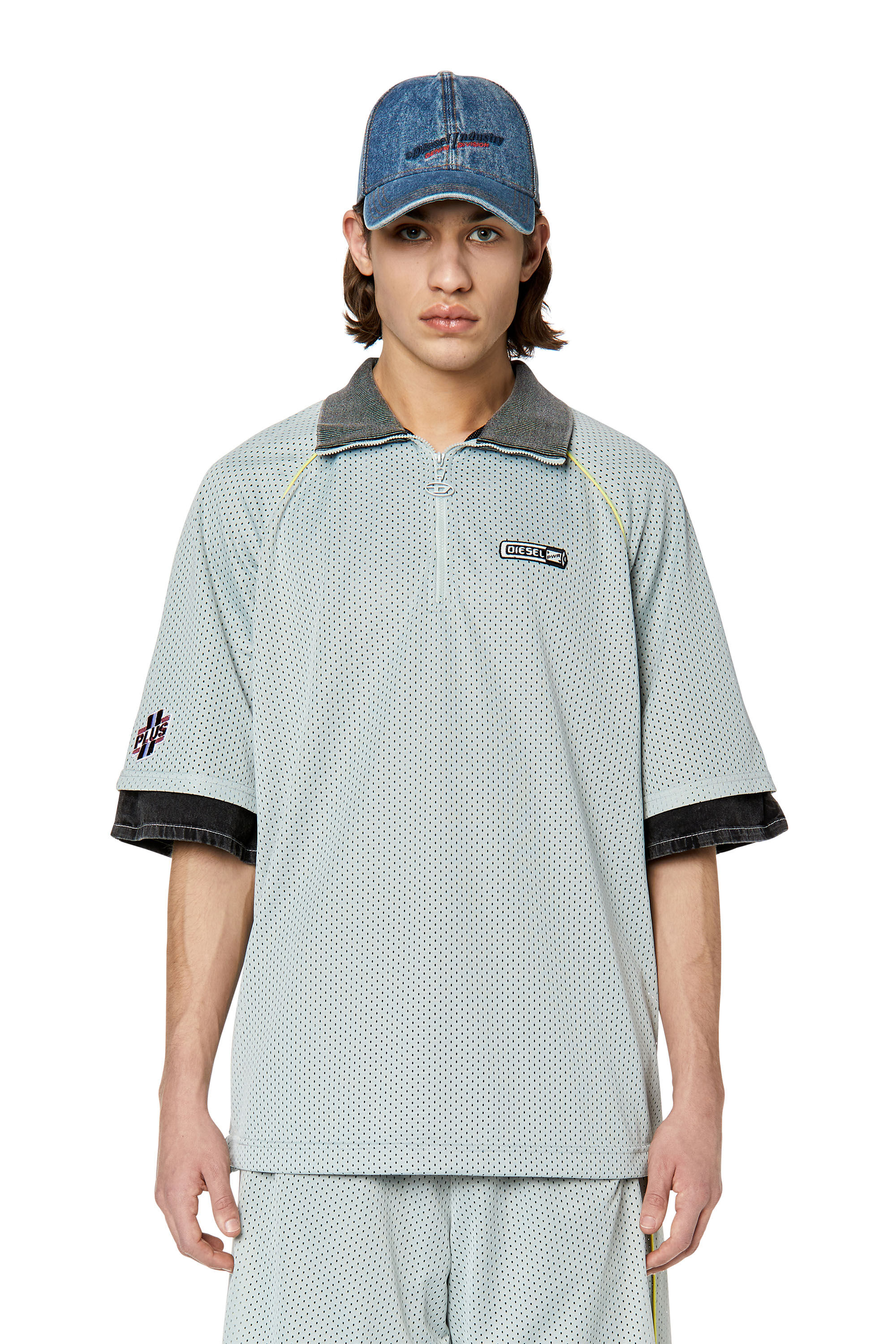 Diesel - T-MEC, Polo de malla con adornos en denim Hombre in Gris - 3