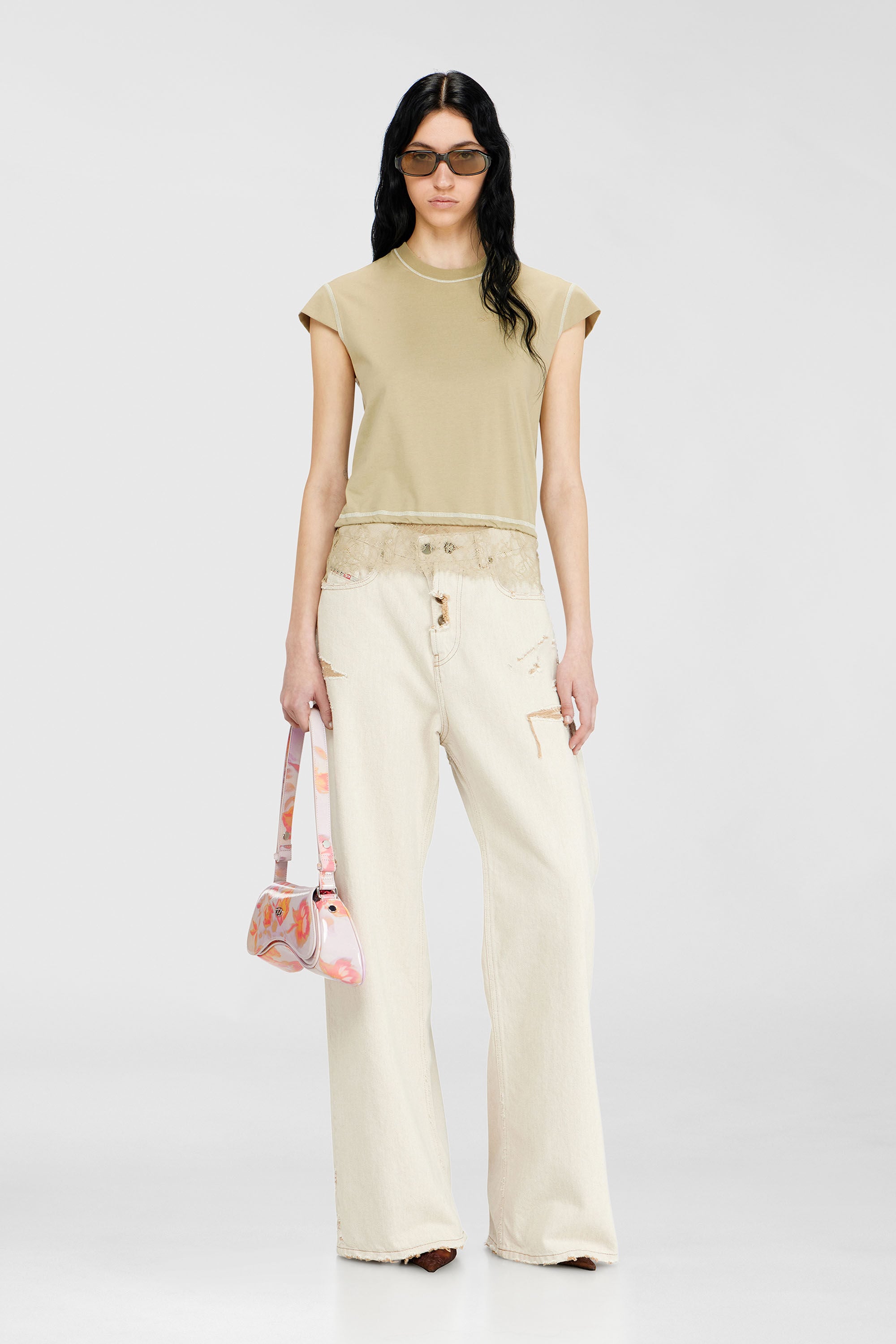 Diesel - T-LUNA, Female's Jersey t-shirt with lace hem in Beige - 1