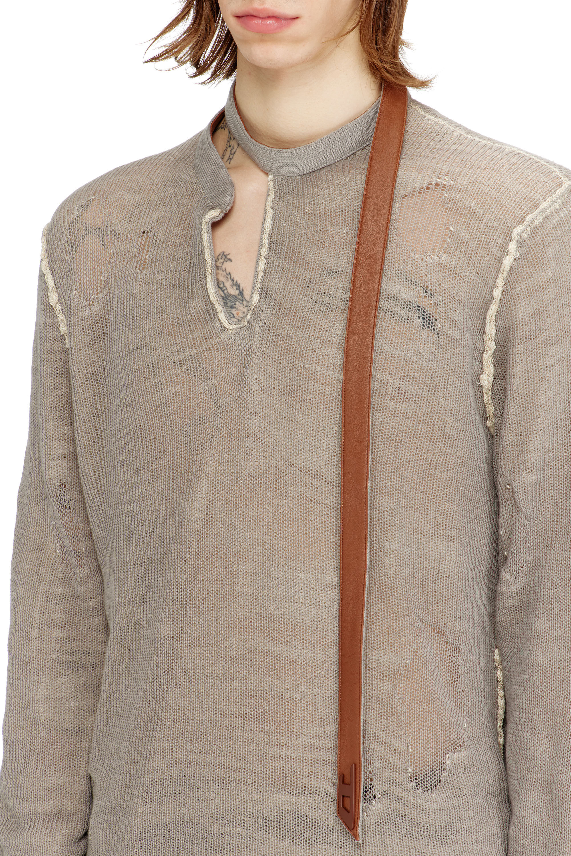 Men's Distressed jumper with biker neck strap | Brown | Diesel