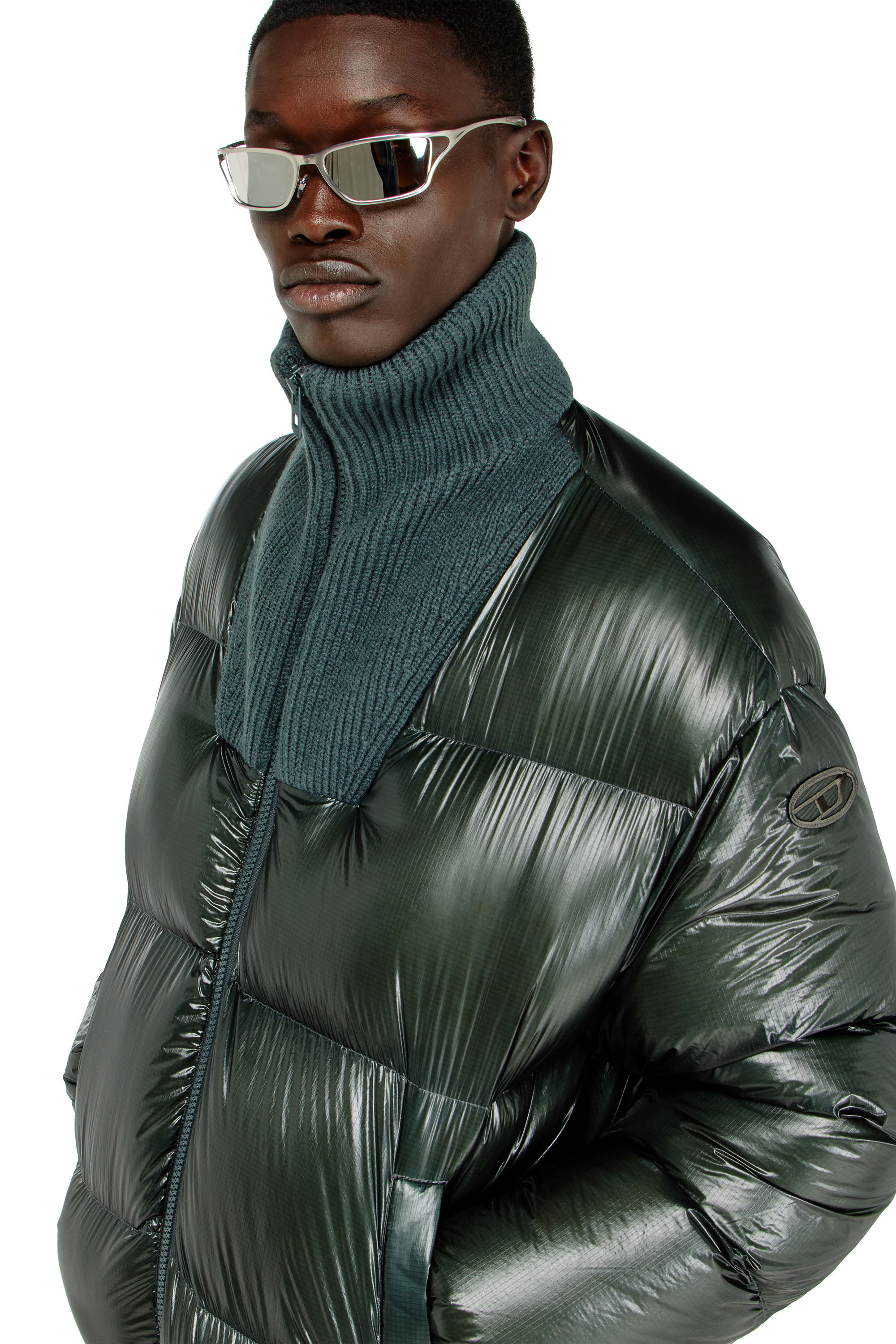 Diesel - W-RIBB, Male's Down puffer jacket in ripstop with ribbed collar in Dark Green - 4