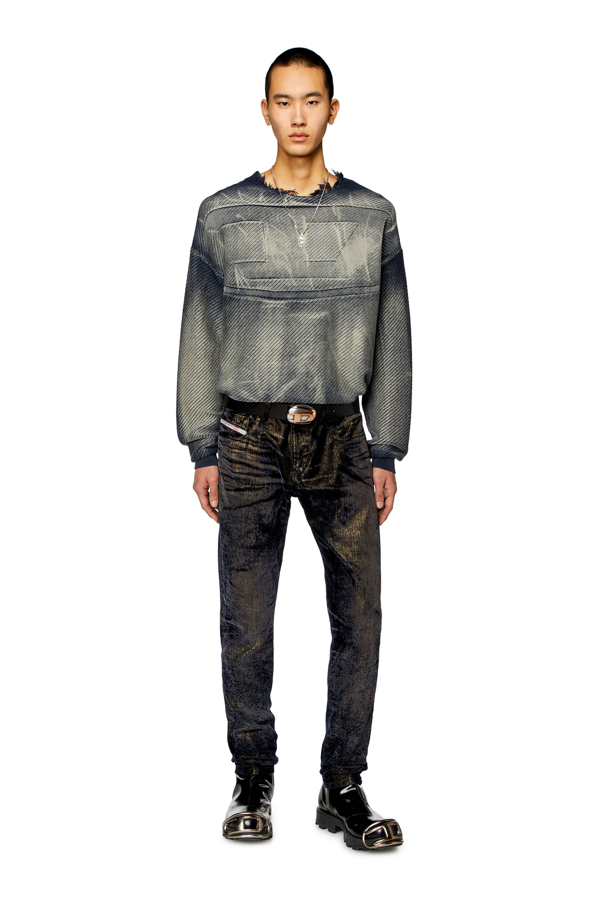 Diesel - K-KLEVER, Male's Frayed denim-effect jumper in Dark Blue - 1