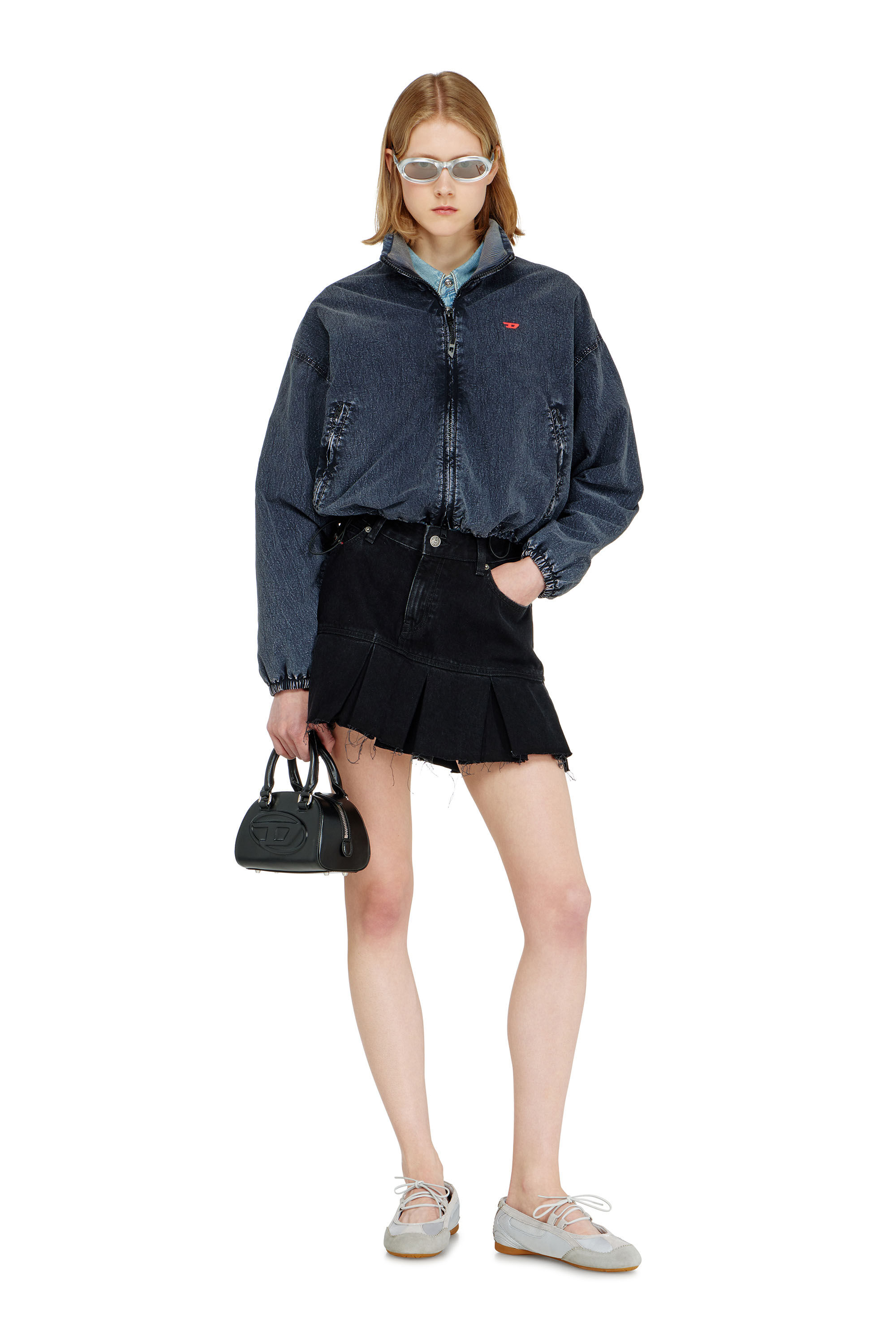 Diesel - DE-REEN, Woman's Denim skirt with frayed pleated hem in Black - 1
