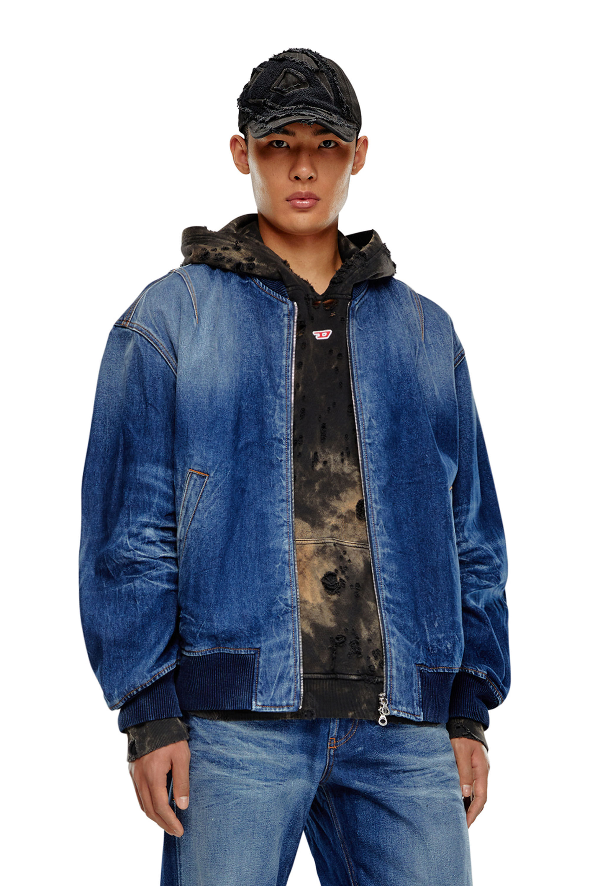 Diesel - D-VINZ-S, Male's Bomber jacket in dented denim in Dark Blue - 3