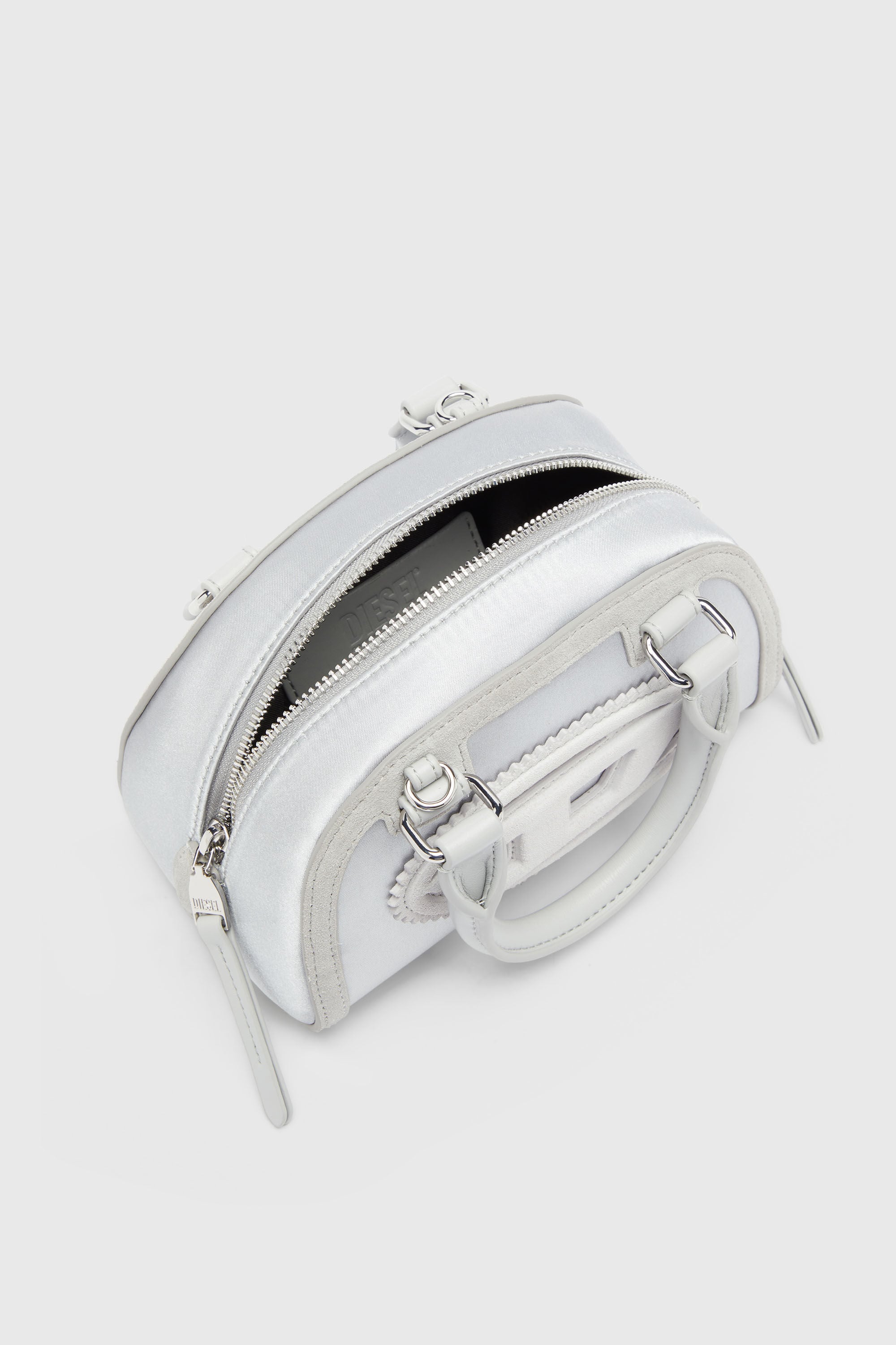 Diesel - 1DR DOME CROSSBODY, 1DR Dome - Peque&ntilde;o bolso bandolera de sat&eacute;n y ante Mujer in Plateado - 4
